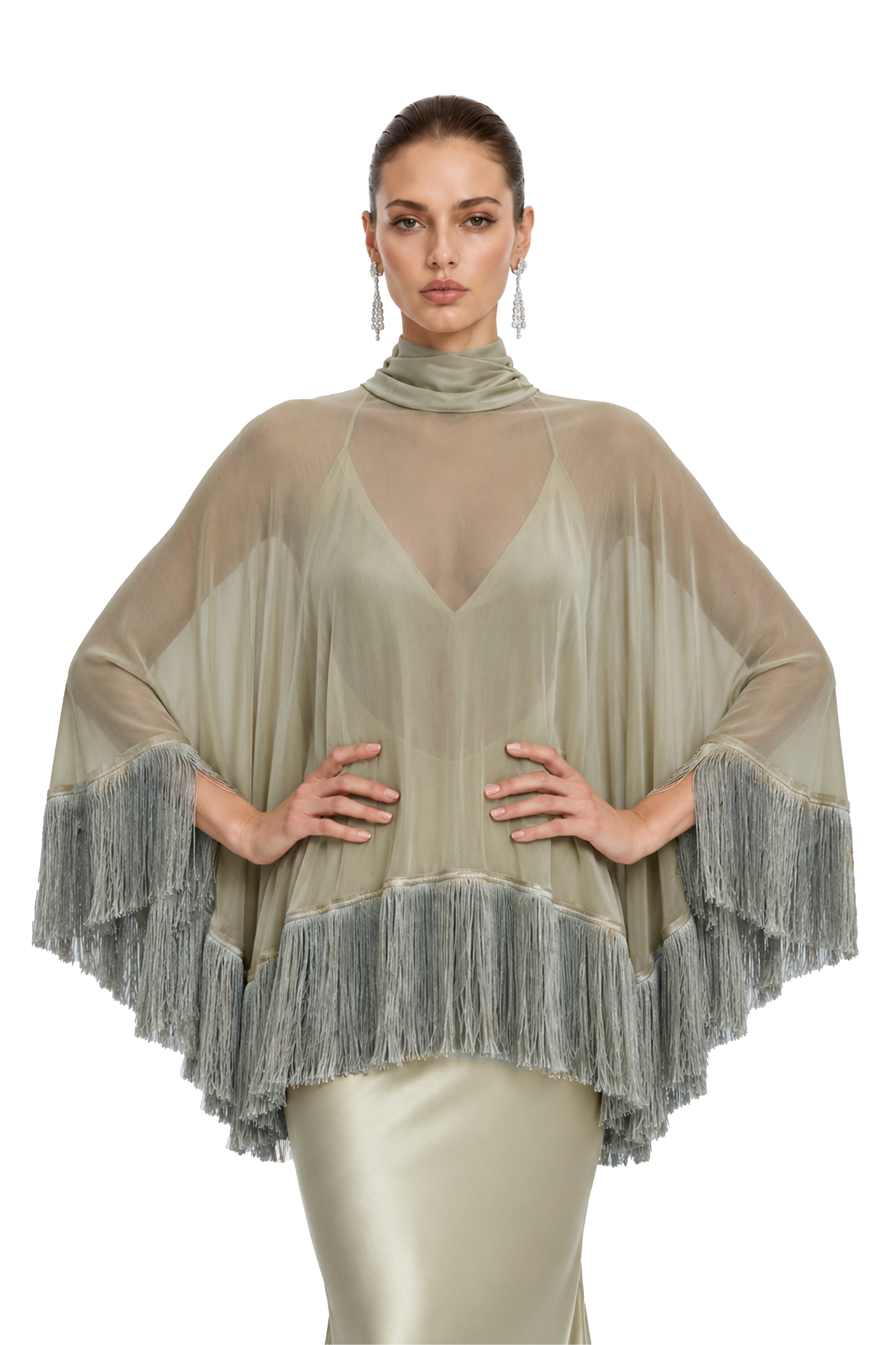 Ravena Sage Green Fringe Cape Top & Maxi Dress Set