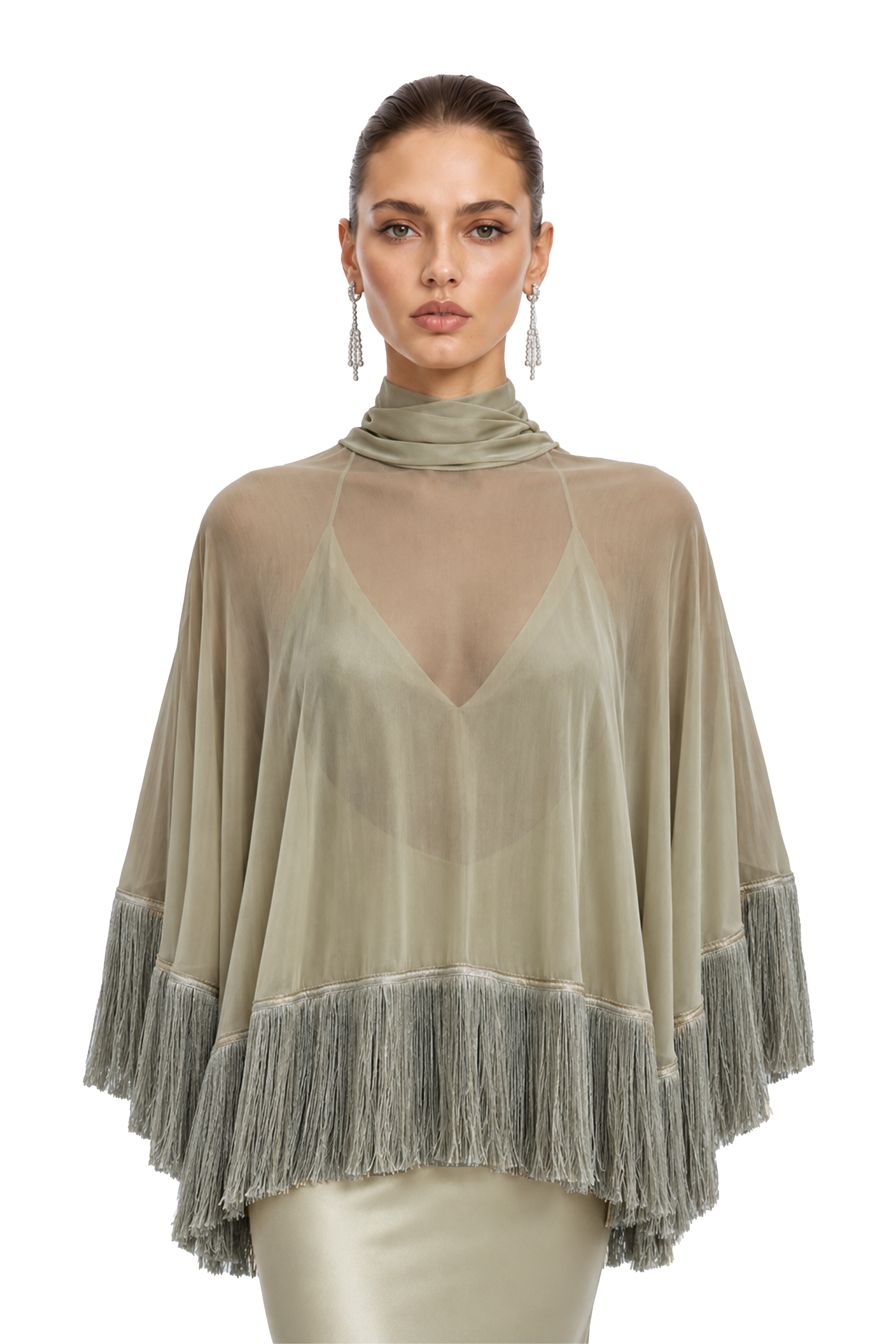Ravena Sage Green Fringe Cape Top & Maxi Dress Set