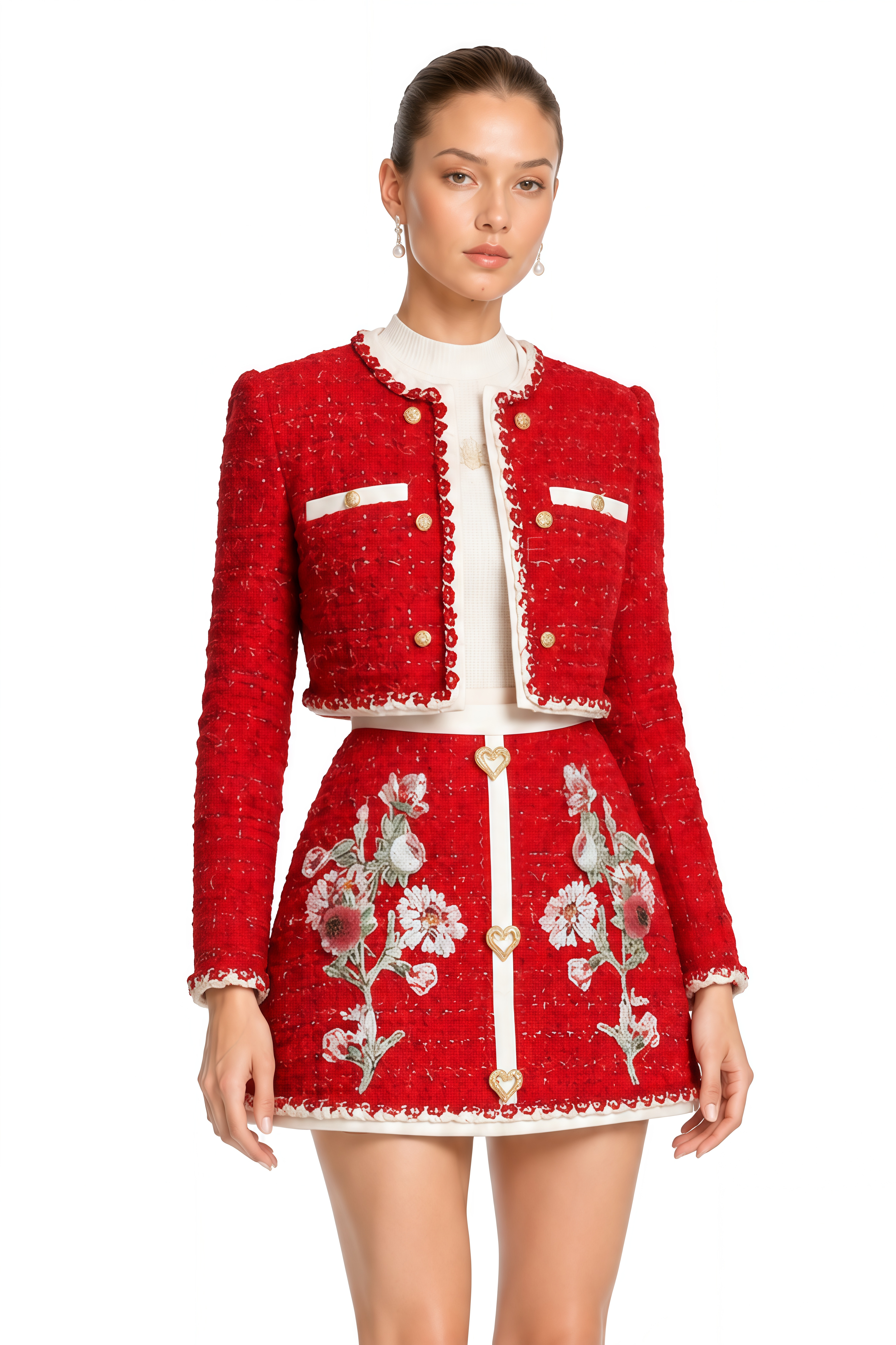 Romilly Red Embroidered Tweed Jacket & Skirt Set