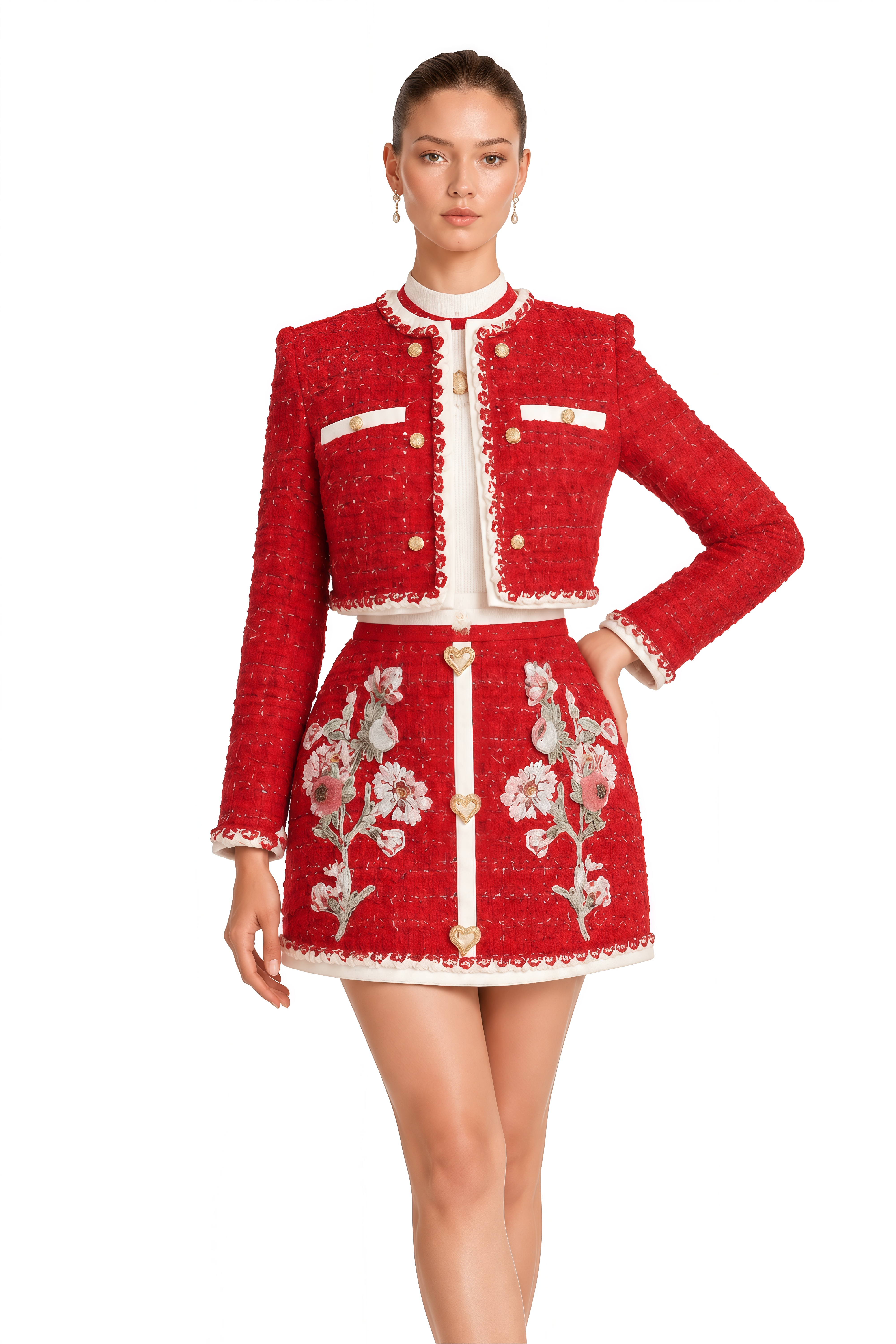 Romilly Red Embroidered Tweed Jacket & Skirt Set