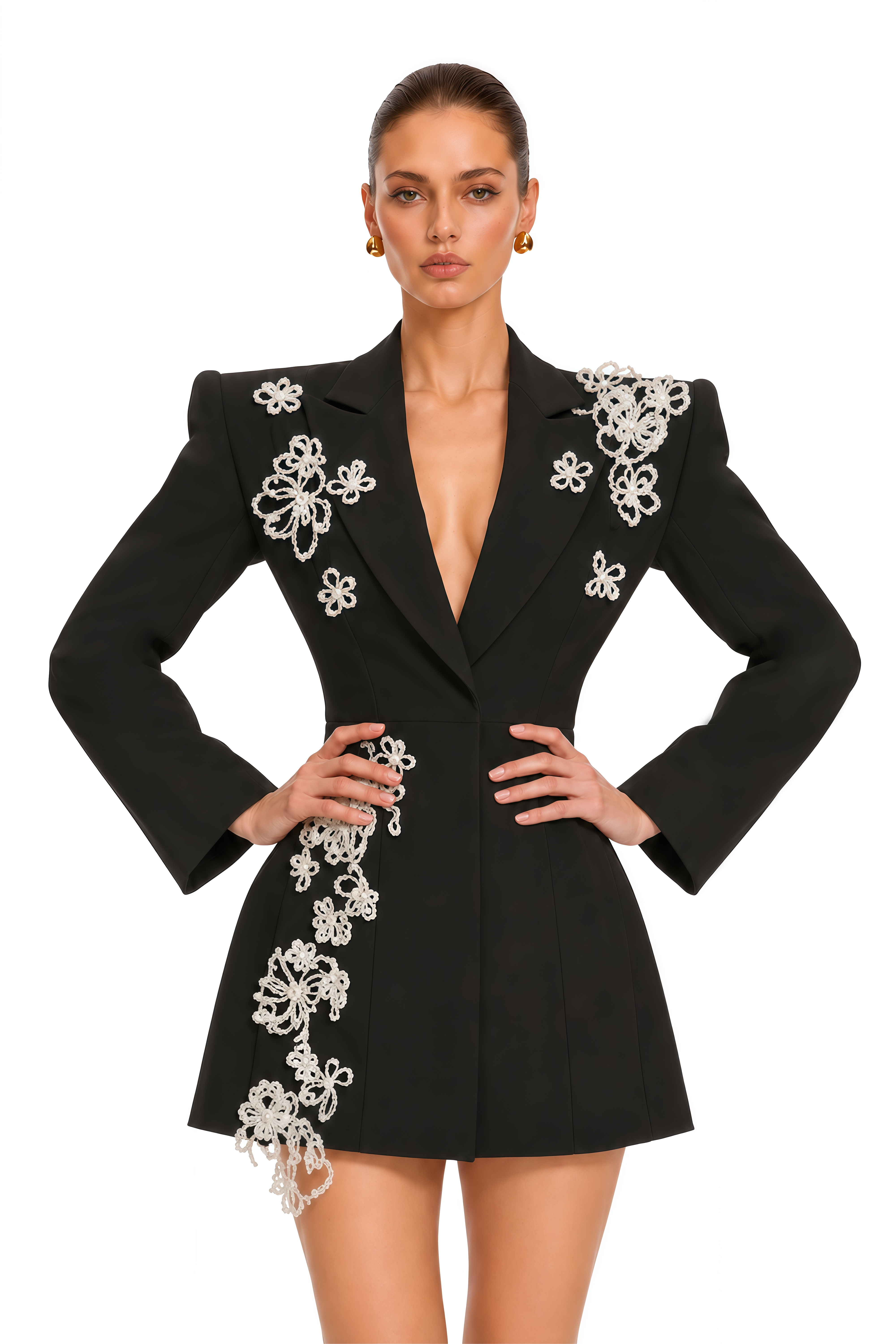 Ronya Black Floral Applique Blazer Mini Dress