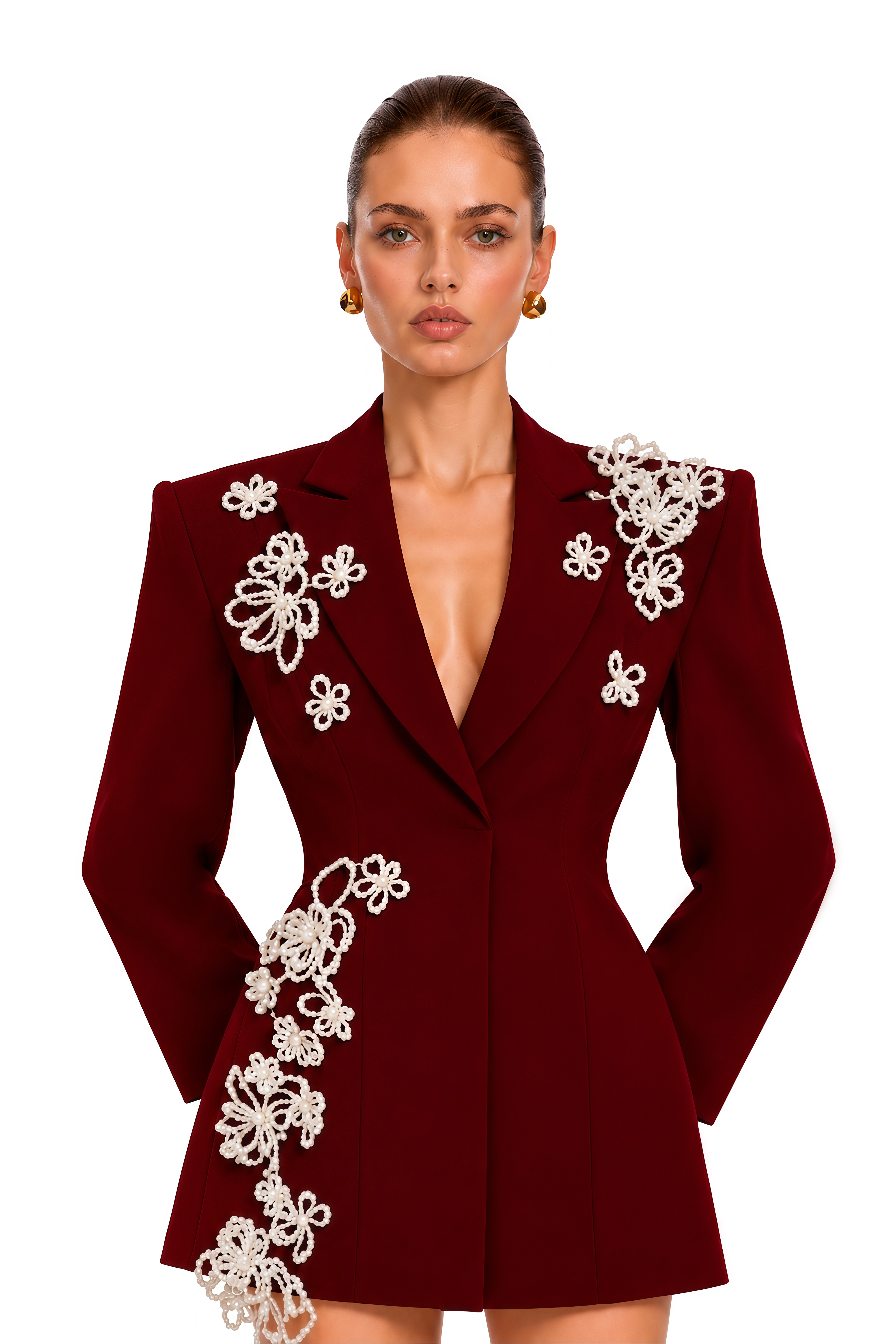 Ronya Burgundy Floral Applique Blazer Mini Dress
