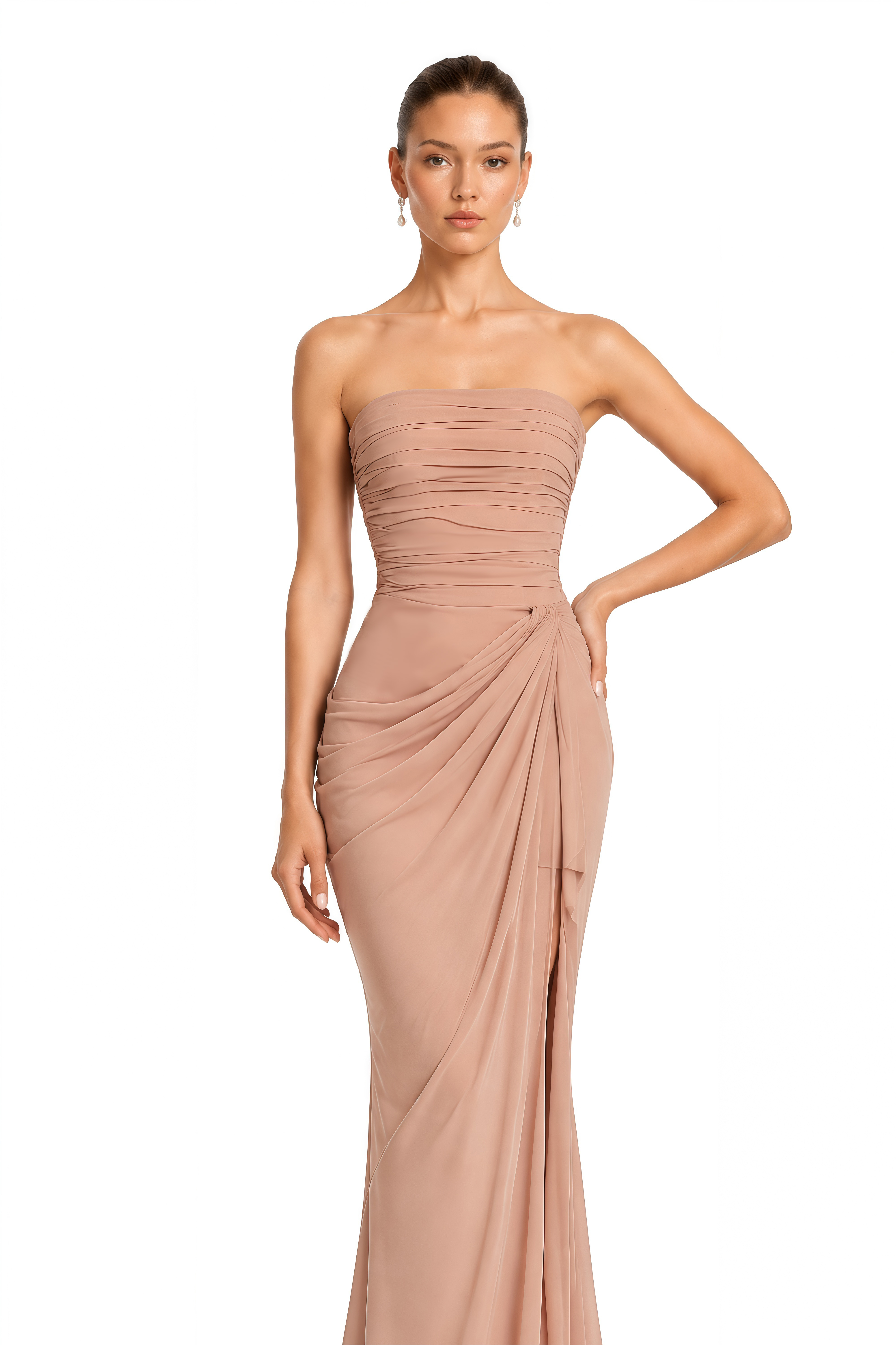 Safiya Khaki Ruched Maxi Dress with Cross Front