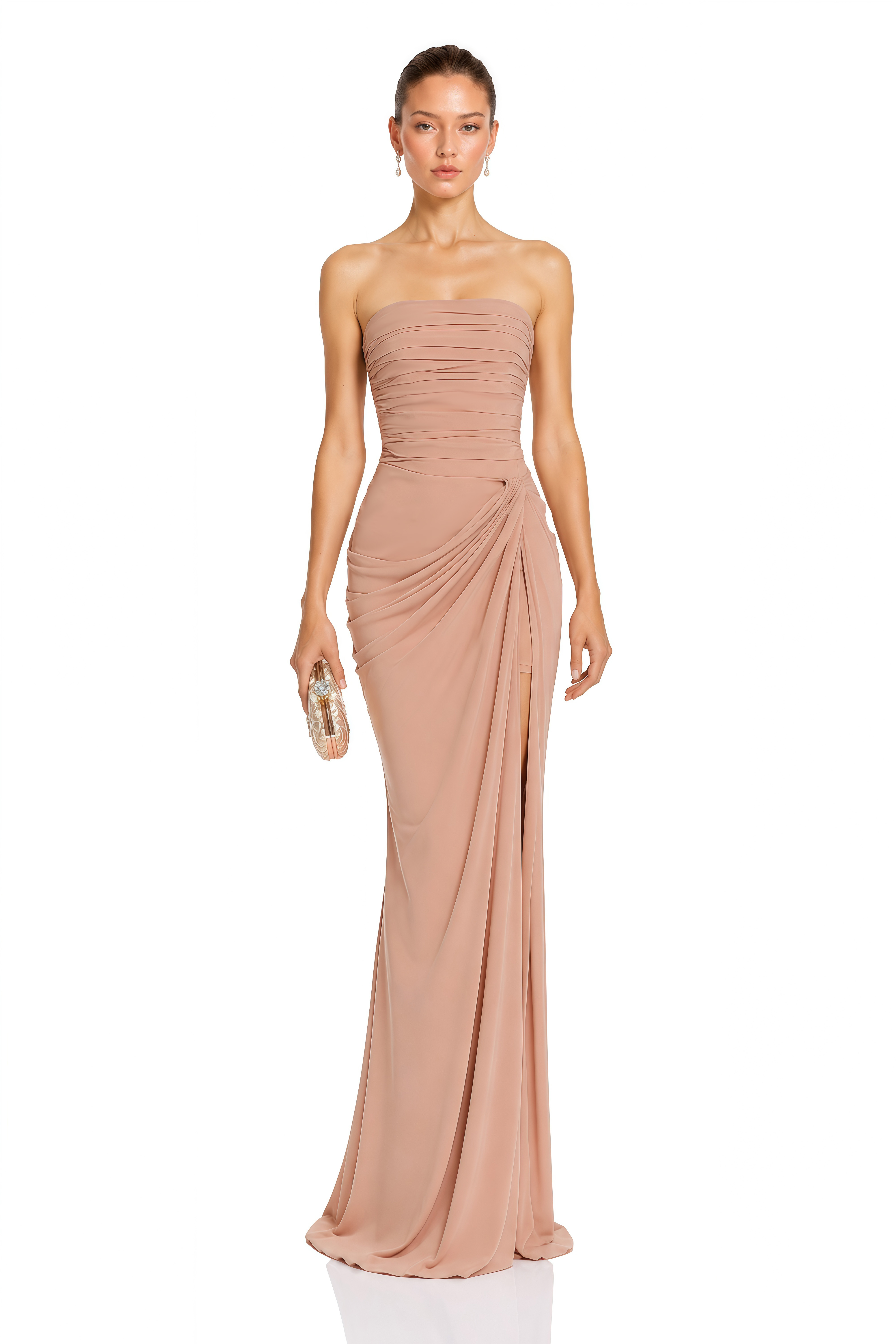 Safiya Khaki Ruched Maxi Dress with Cross Front