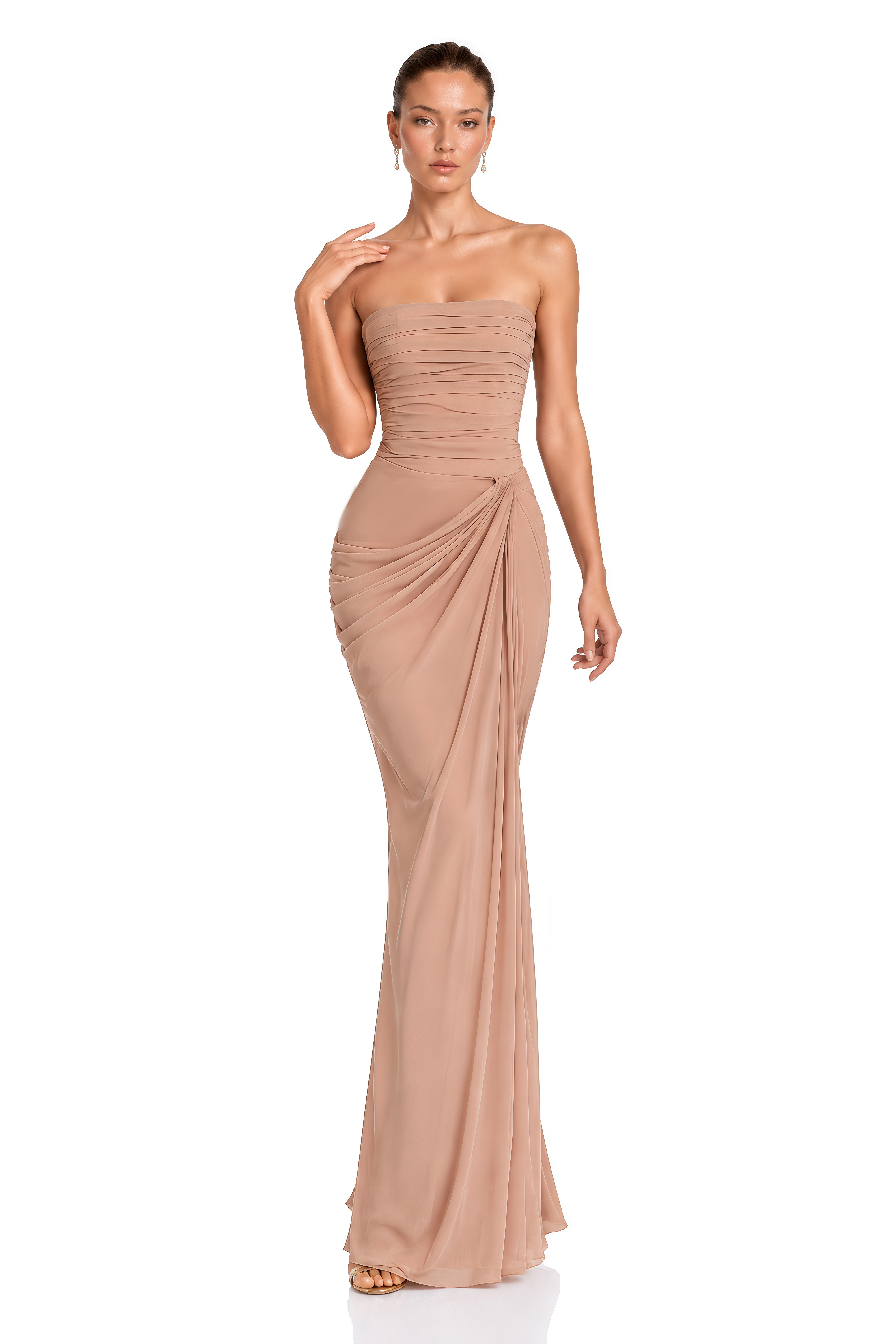 Safiya Khaki Ruched Maxi Dress with Cross Front