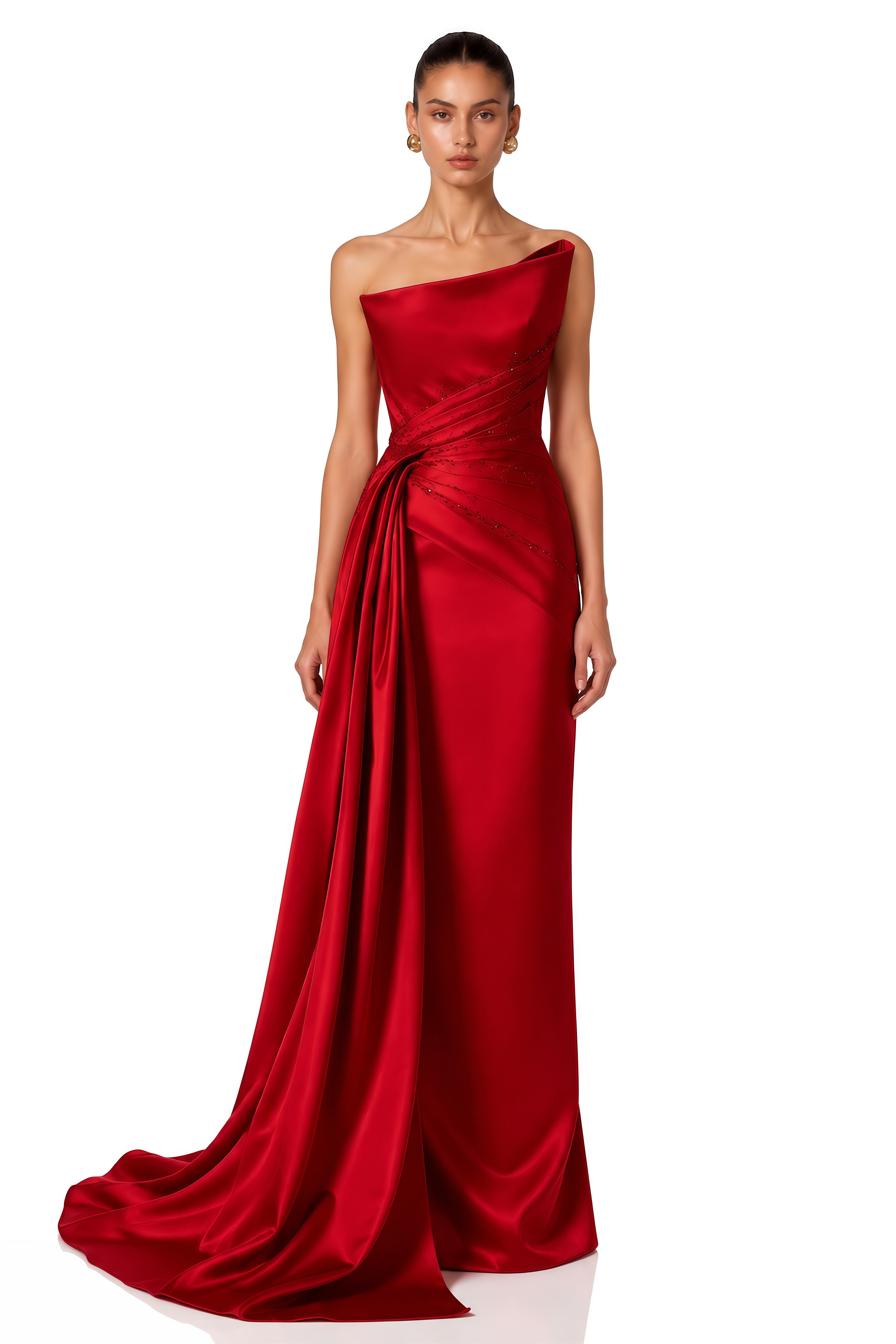 Severine Red Asymmetrical Draped Satin Maxi Dress