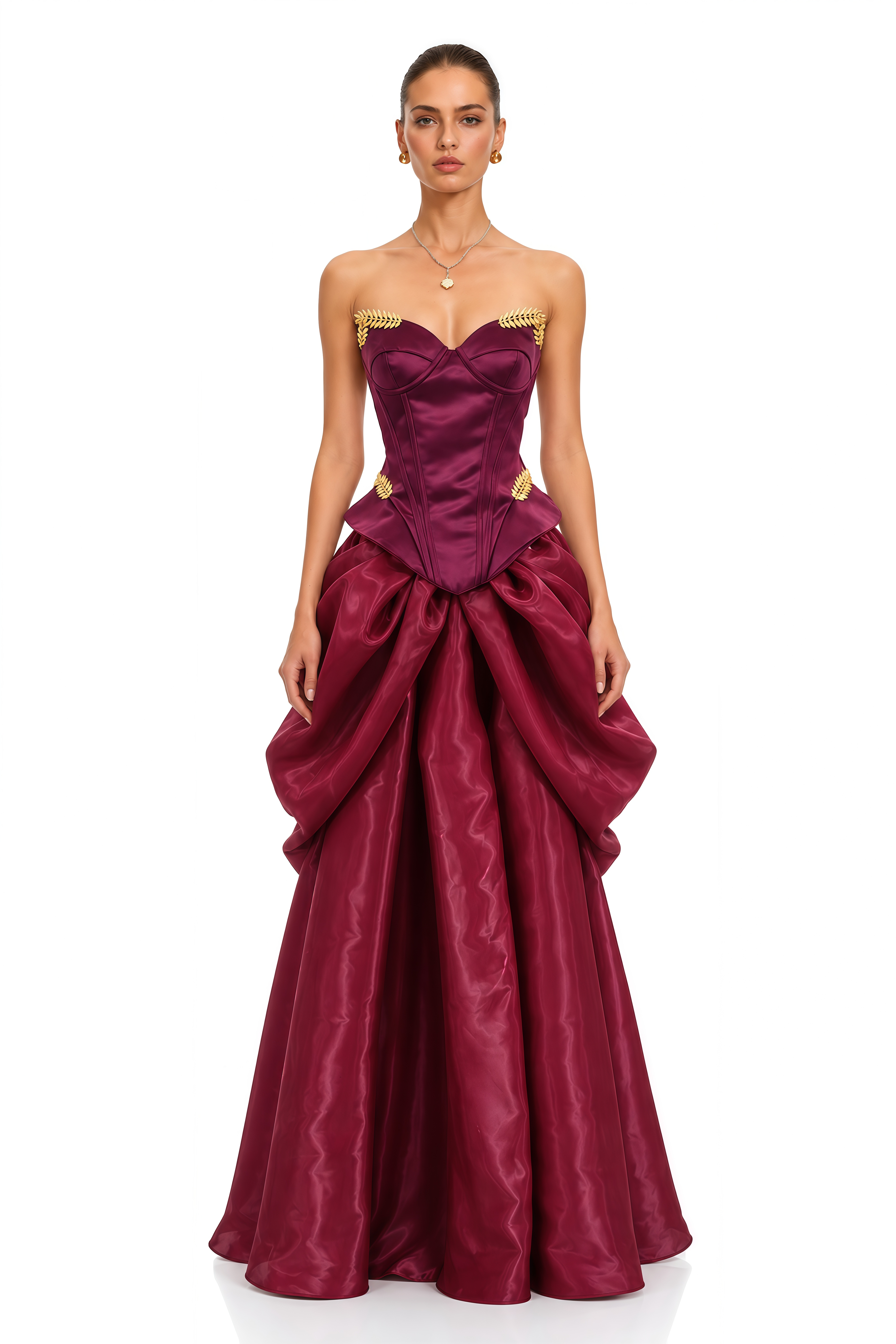 Shiddat Burgundy Gold Leaf Corset Draped Maxi Gown