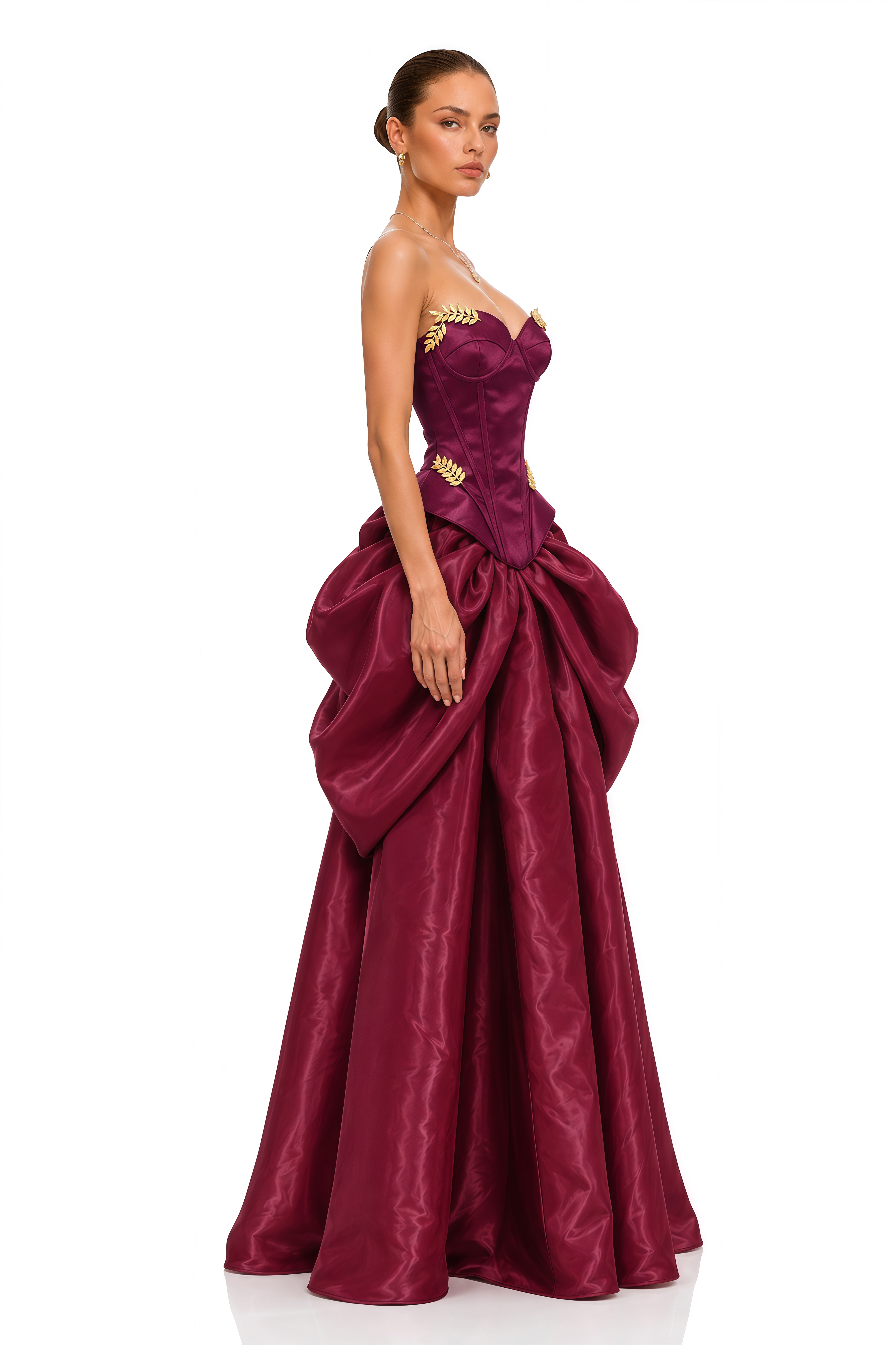 Shiddat Burgundy Gold Leaf Corset Draped Maxi Gown
