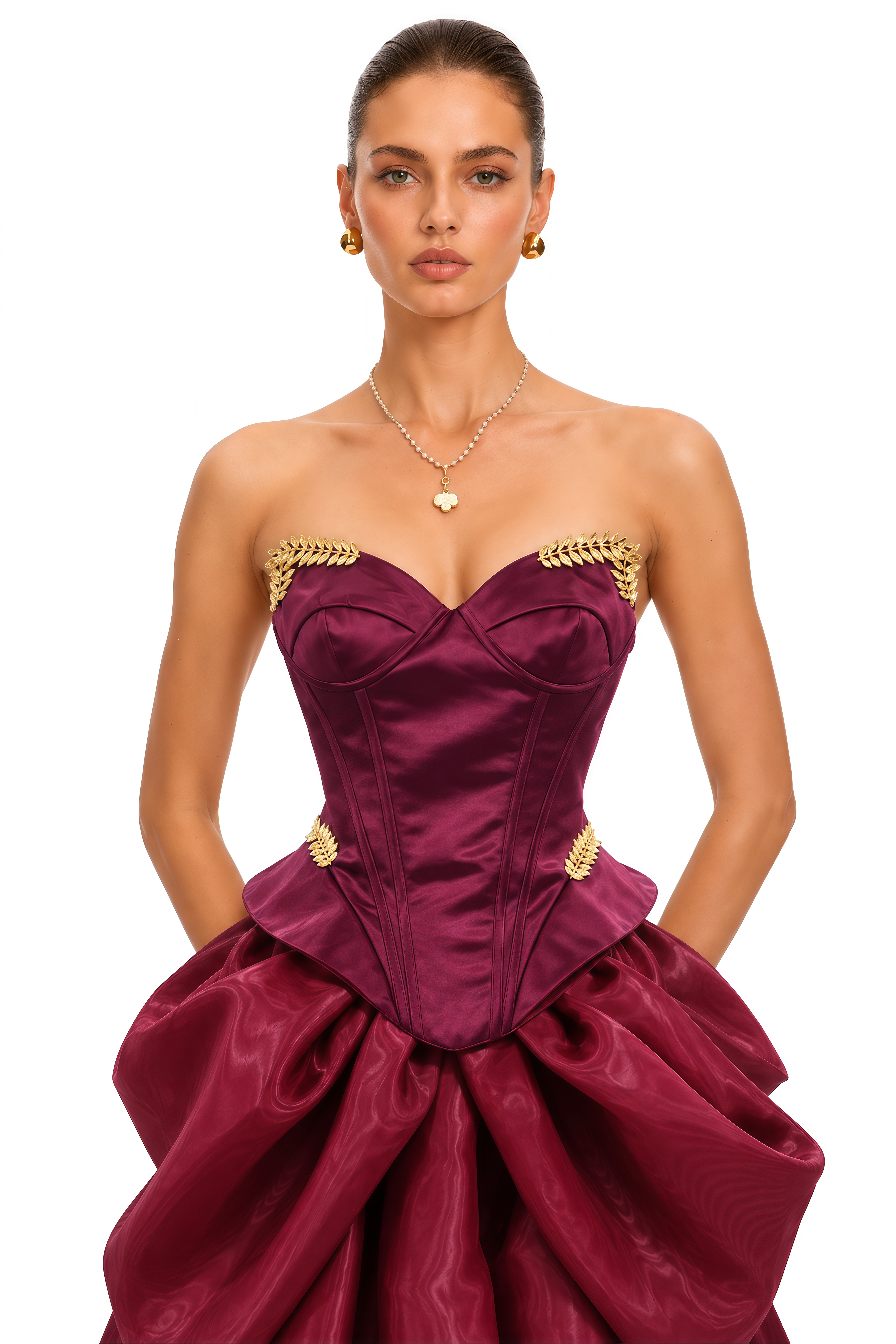 Shiddat Burgundy Gold Leaf Corset Draped Maxi Gown