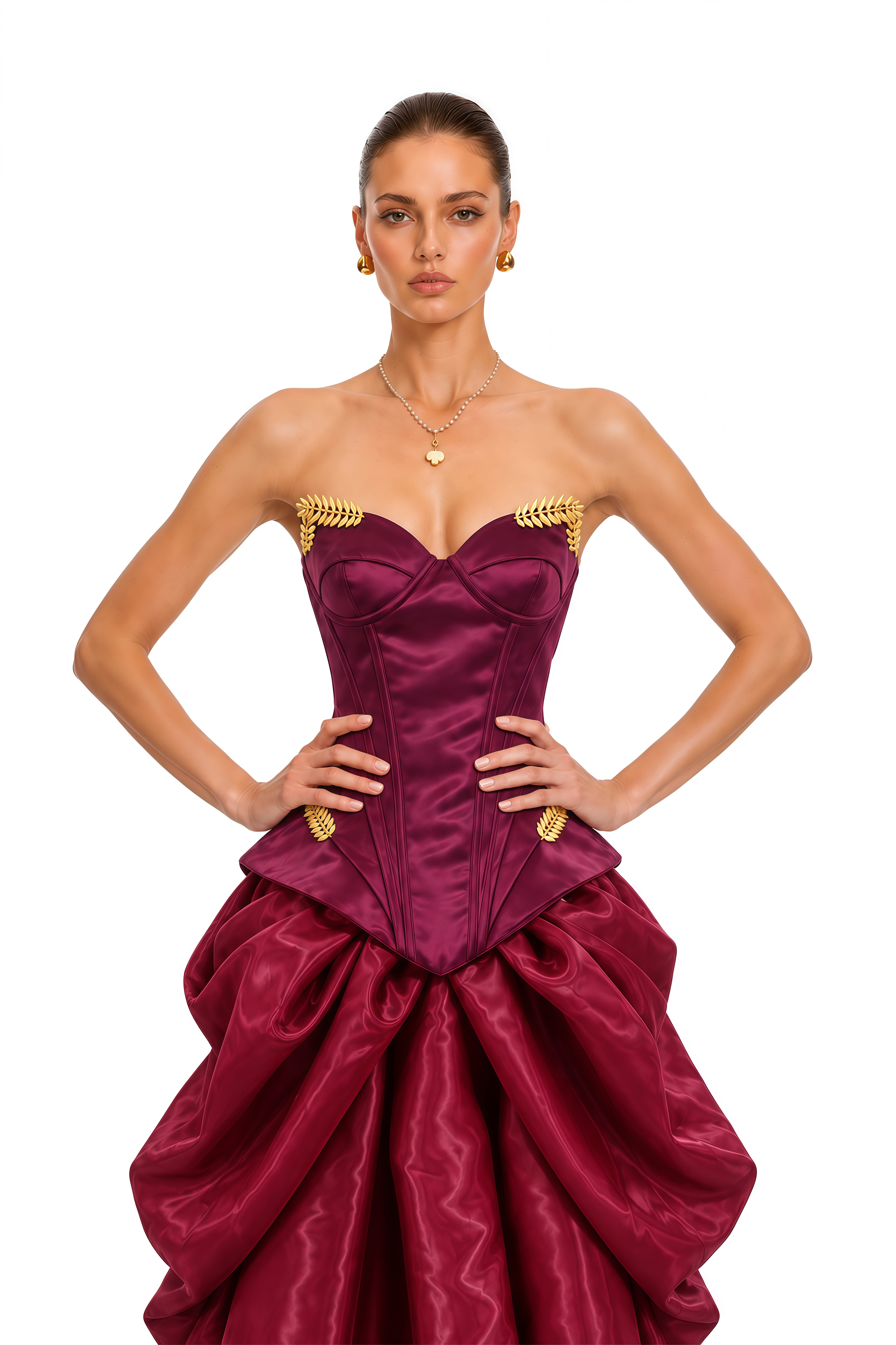 Shiddat Burgundy Gold Leaf Corset Draped Maxi Gown