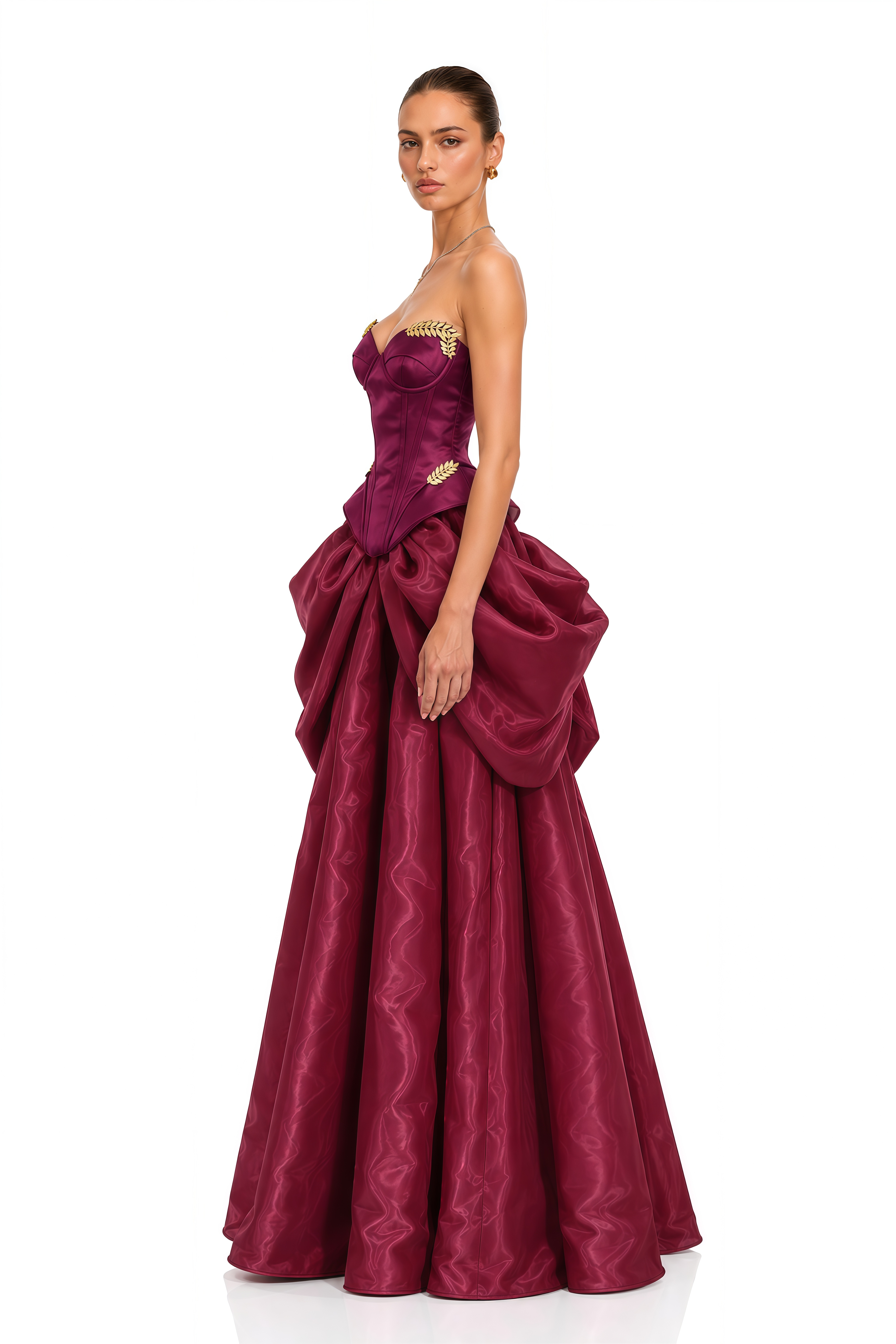 Shiddat Burgundy Gold Leaf Corset Draped Maxi Gown