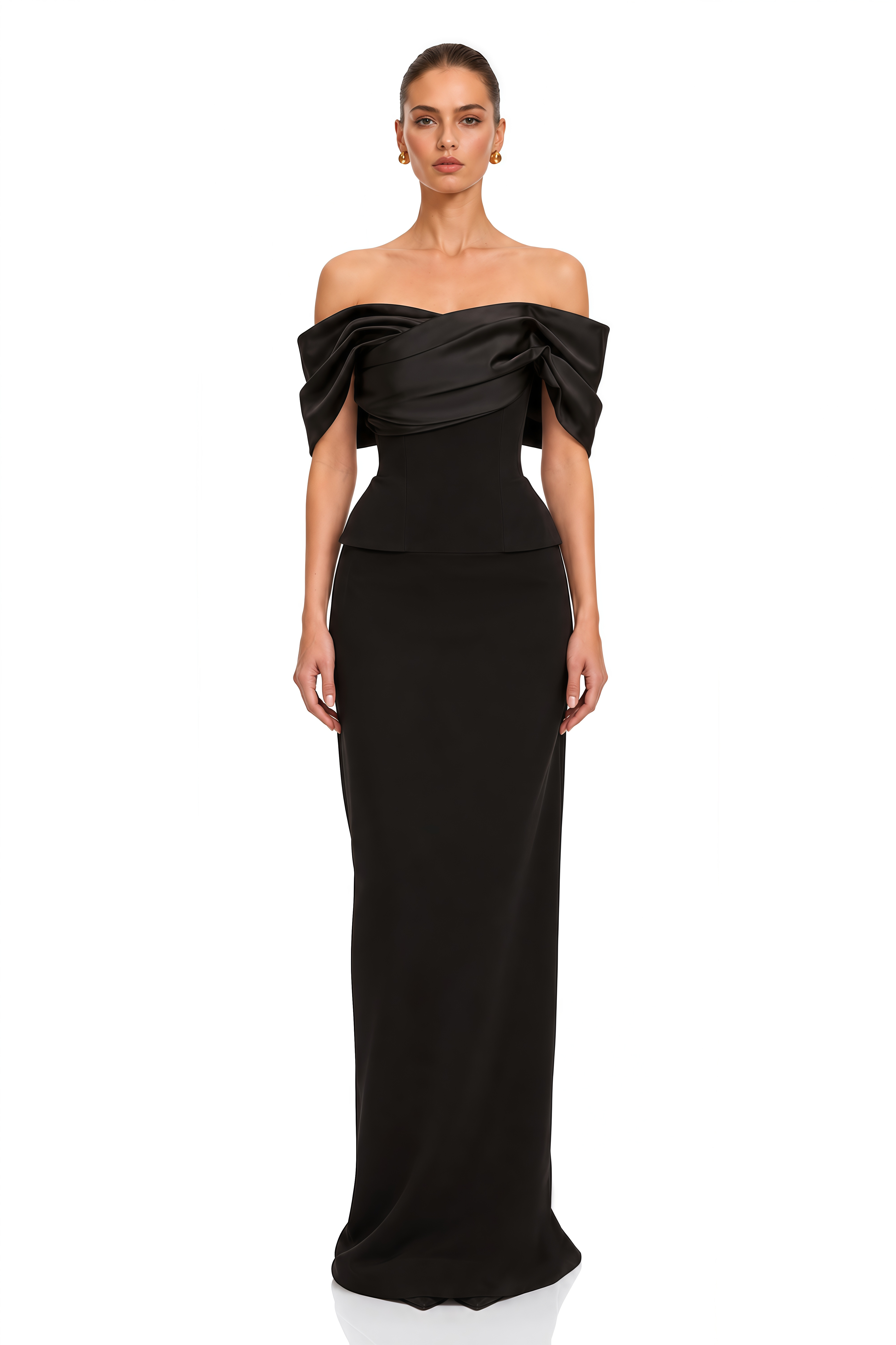 Soleane Black Satin Draped Off Shoulder Maxi Dress