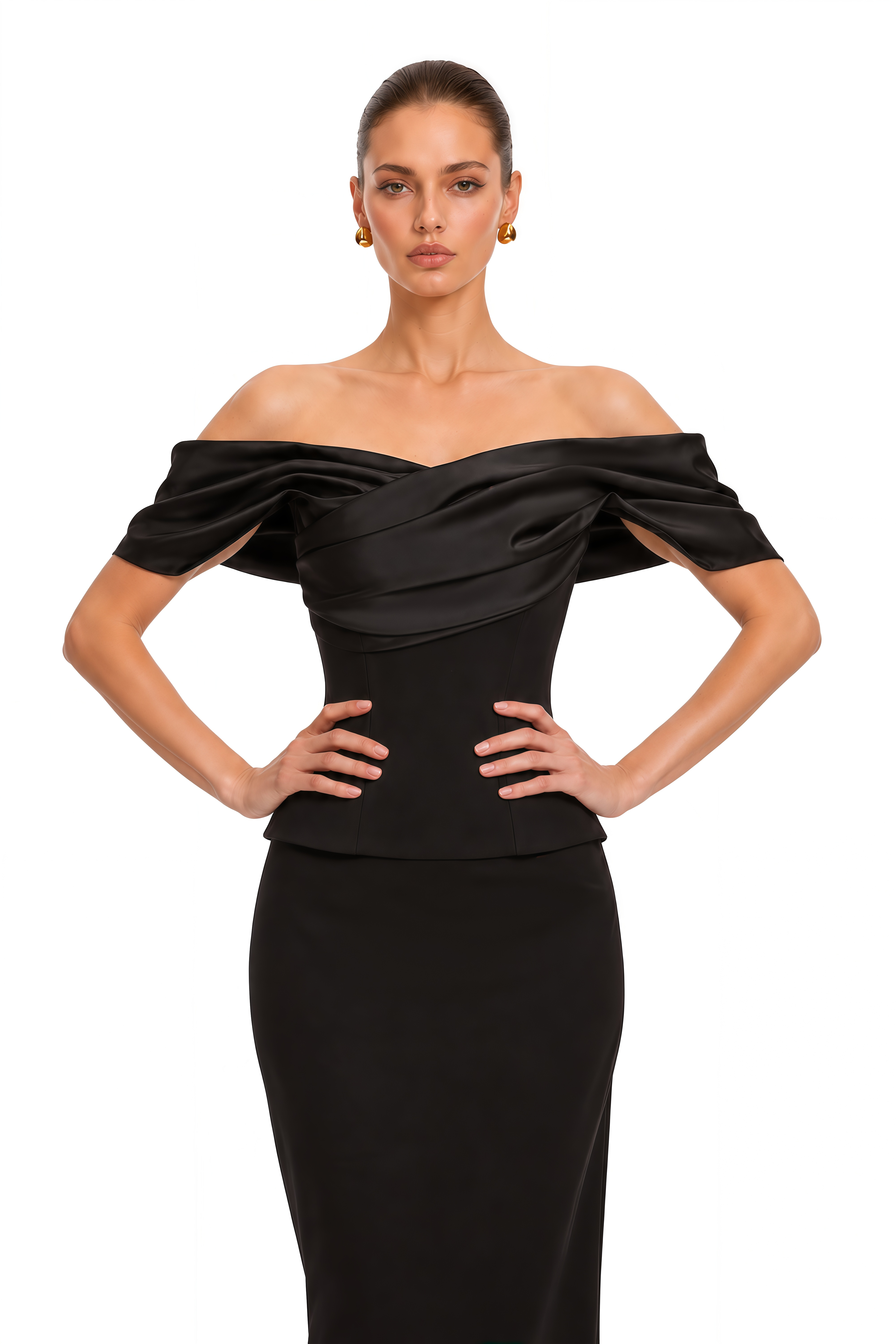 Soleane Black Satin Draped Off Shoulder Maxi Dress