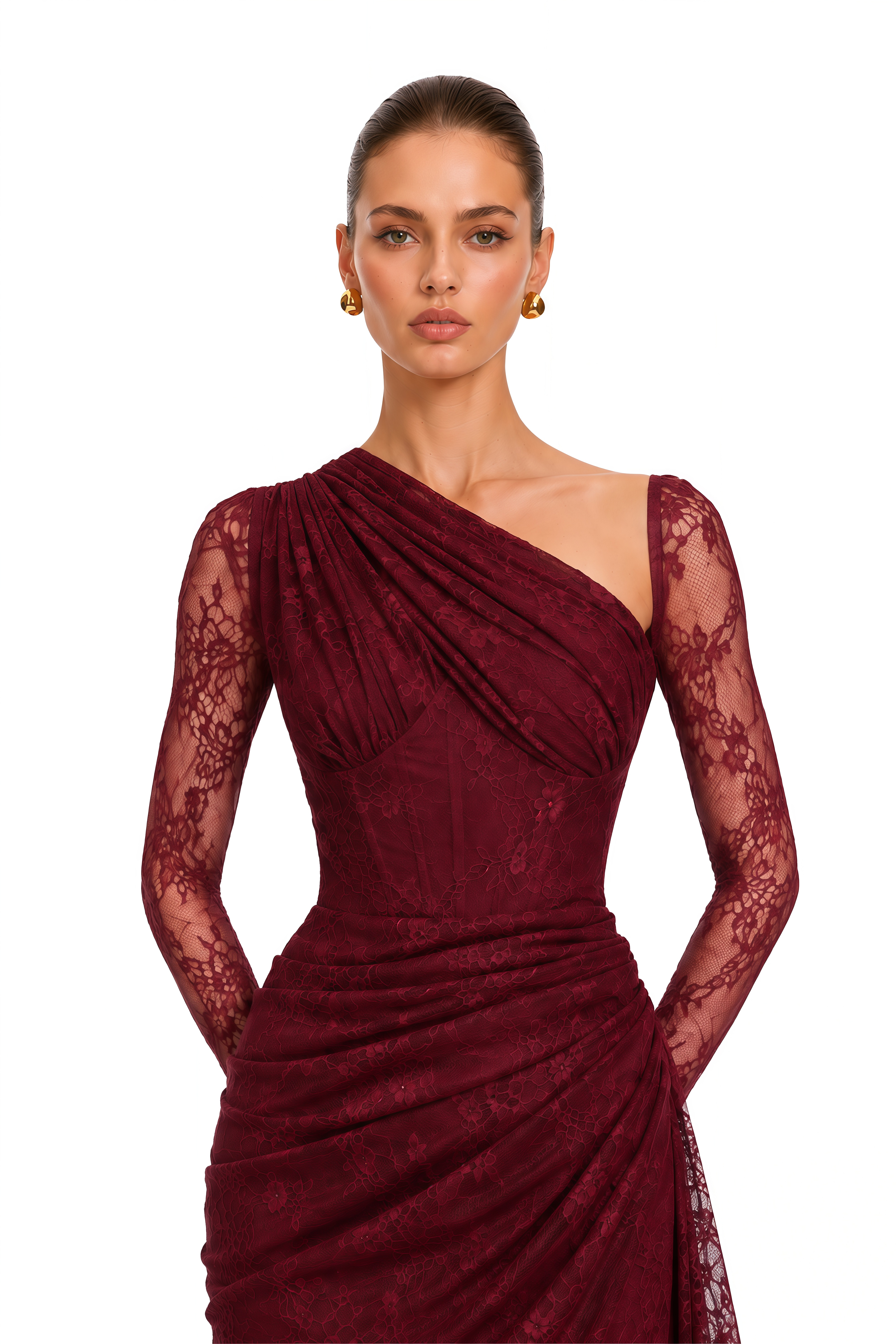 Stefania Ruby Red Floral Lace Long Sleeve Maxi Gown