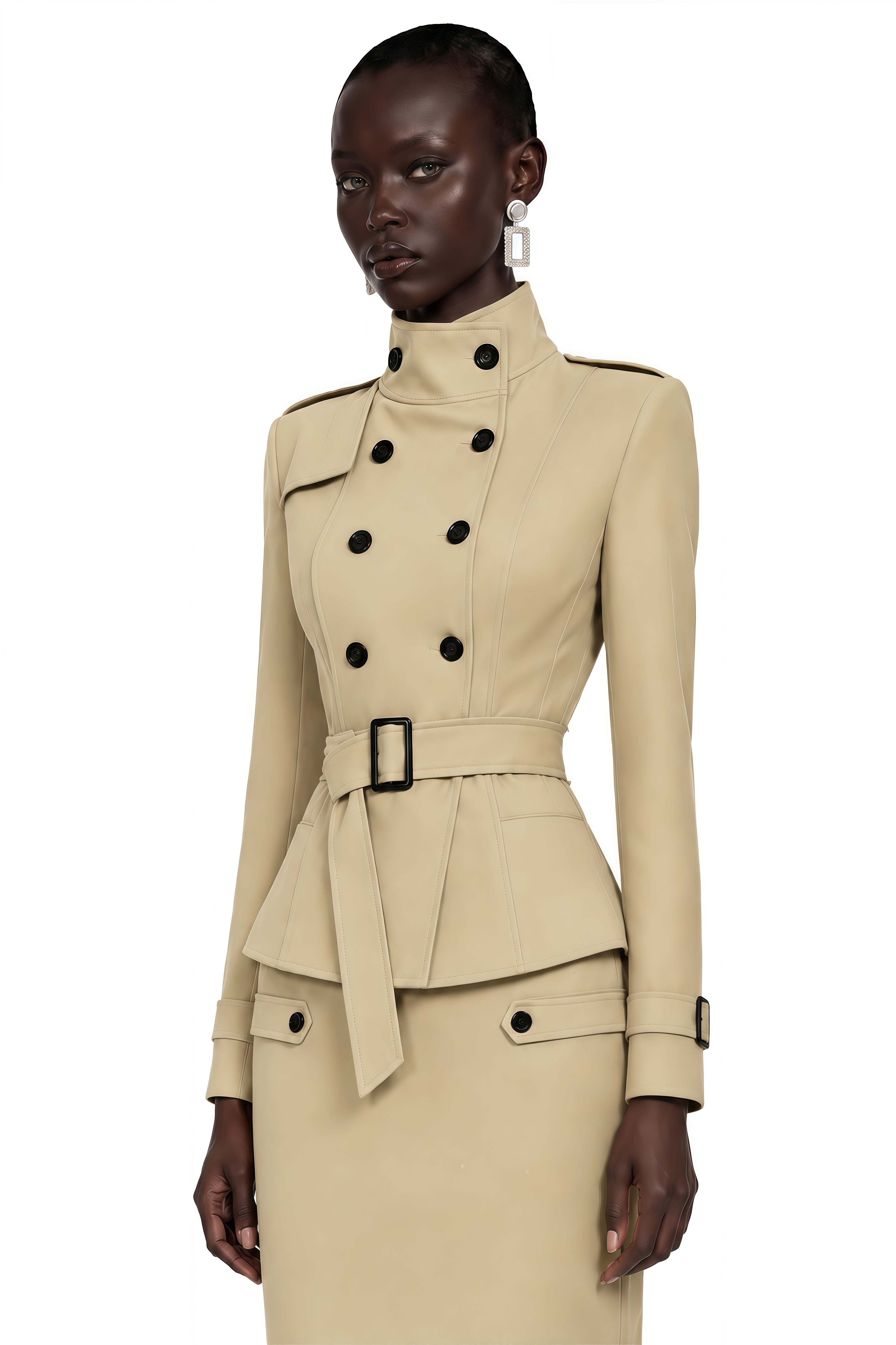 Therese Khaki High Neck Belted Jacket & Skirt Set