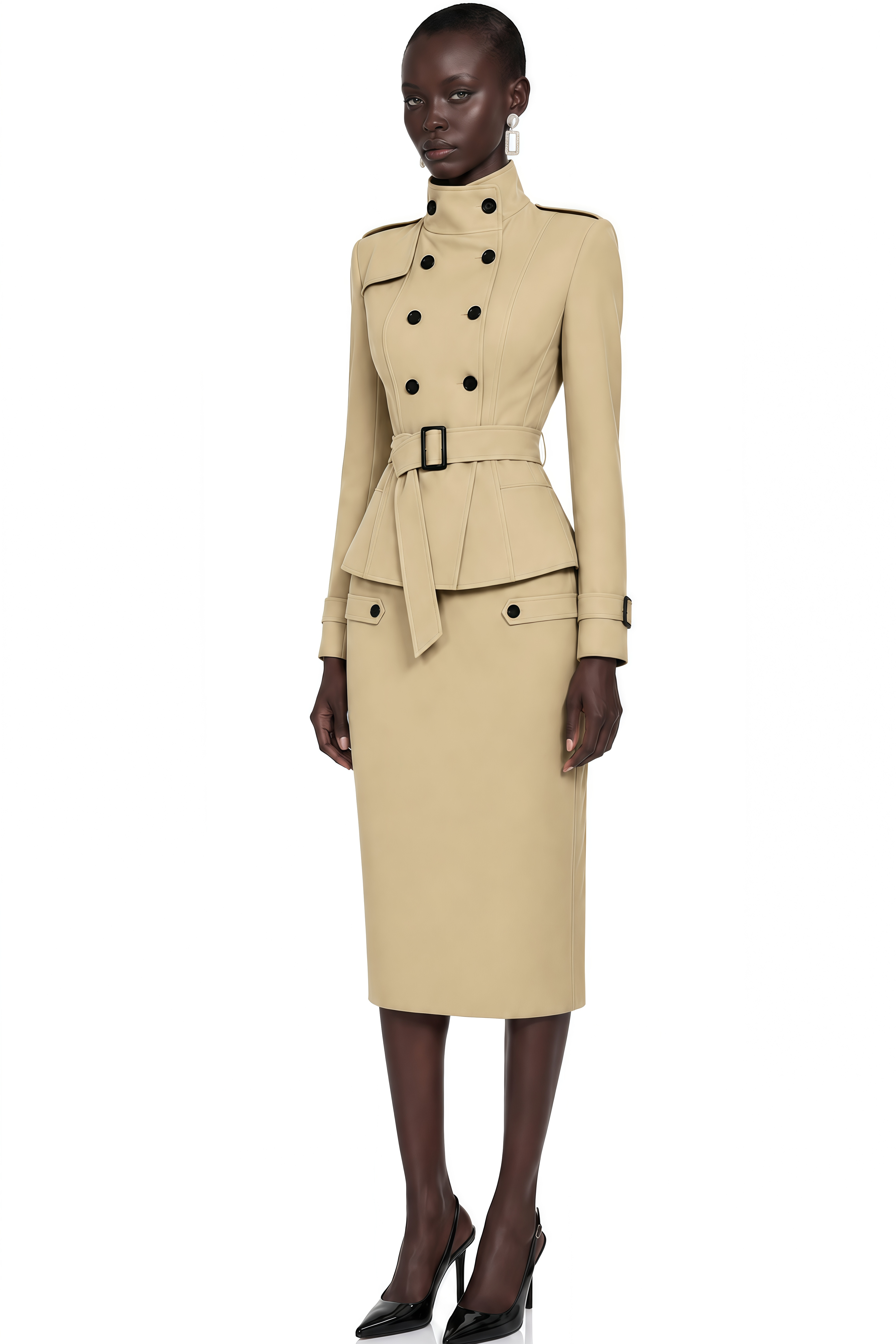 Therese Khaki High Neck Belted Jacket & Skirt Set