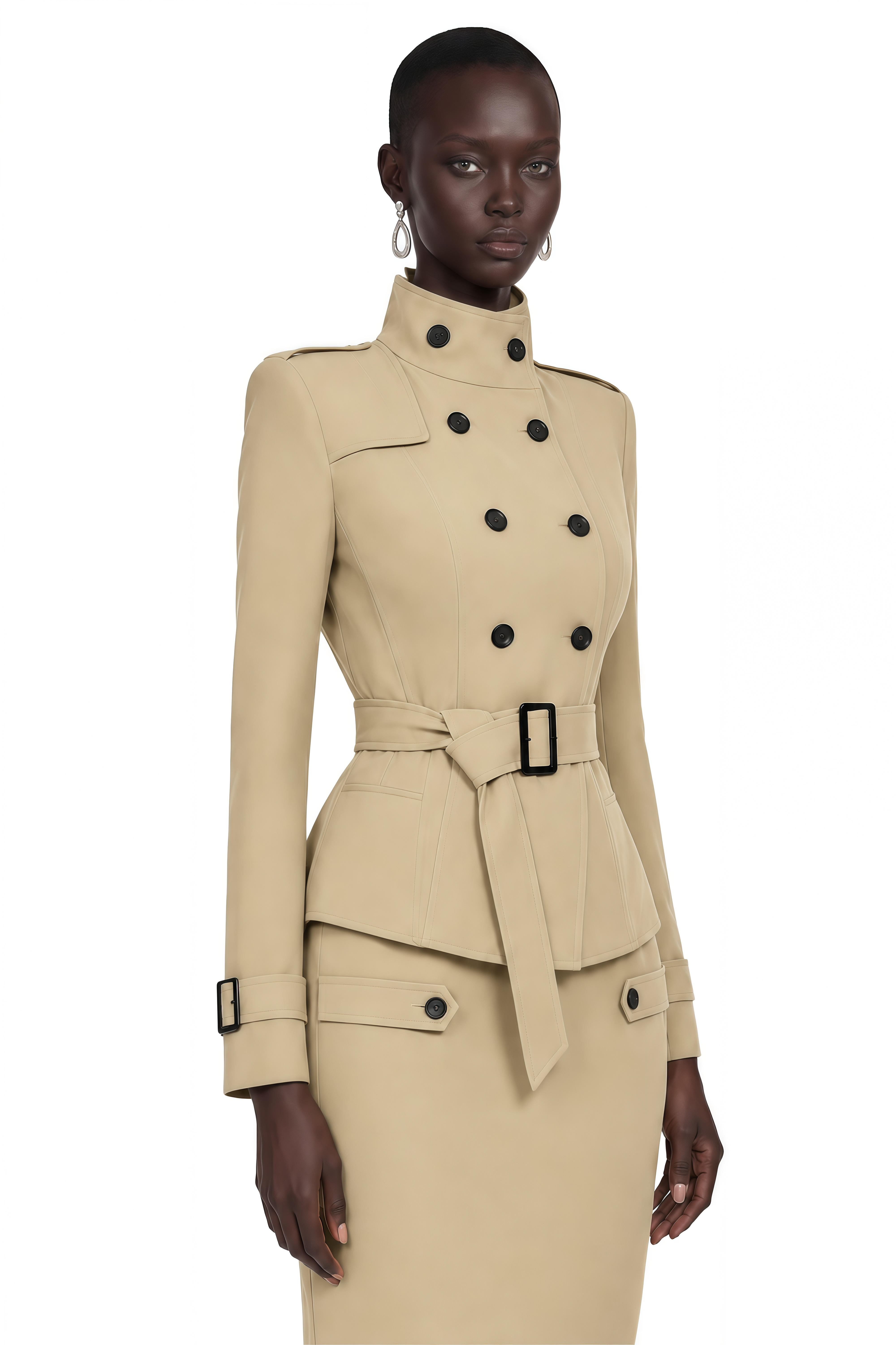 Therese Khaki High Neck Belted Jacket & Skirt Set