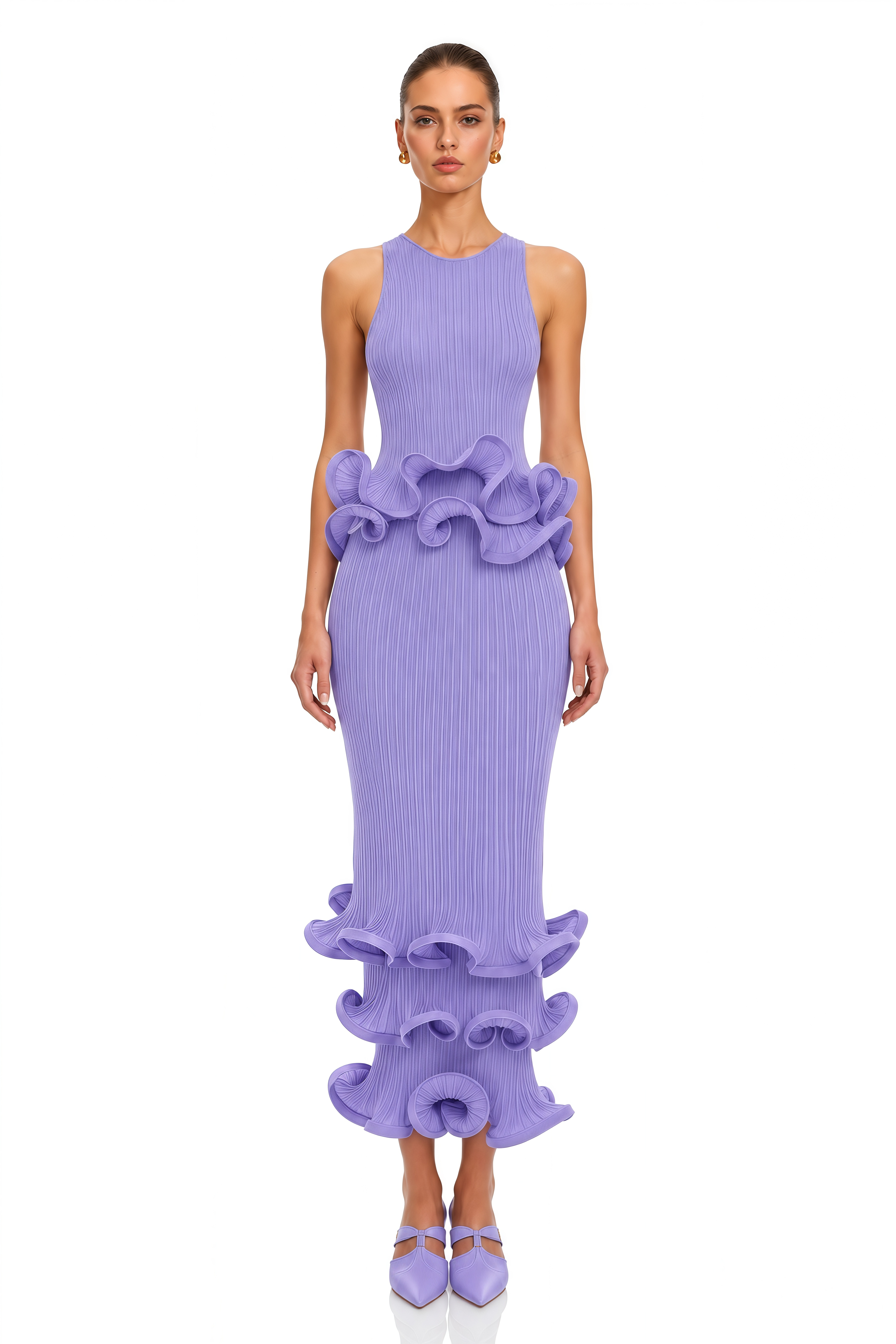Vianne Lavender Sculptural Ruffle Top & Pleated Skirt Set