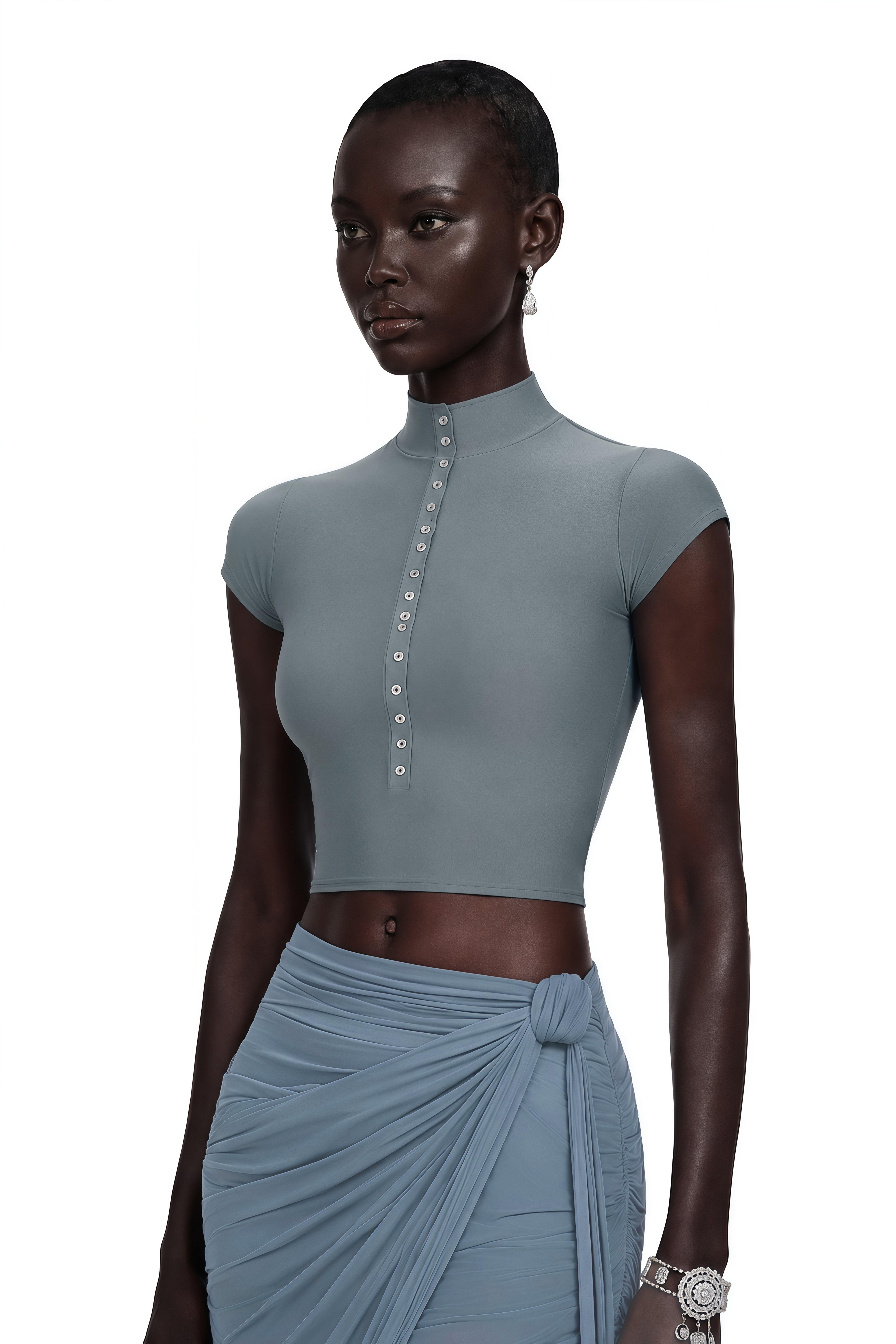 Dusty blue high-neck crop top and draped maxi skirt set