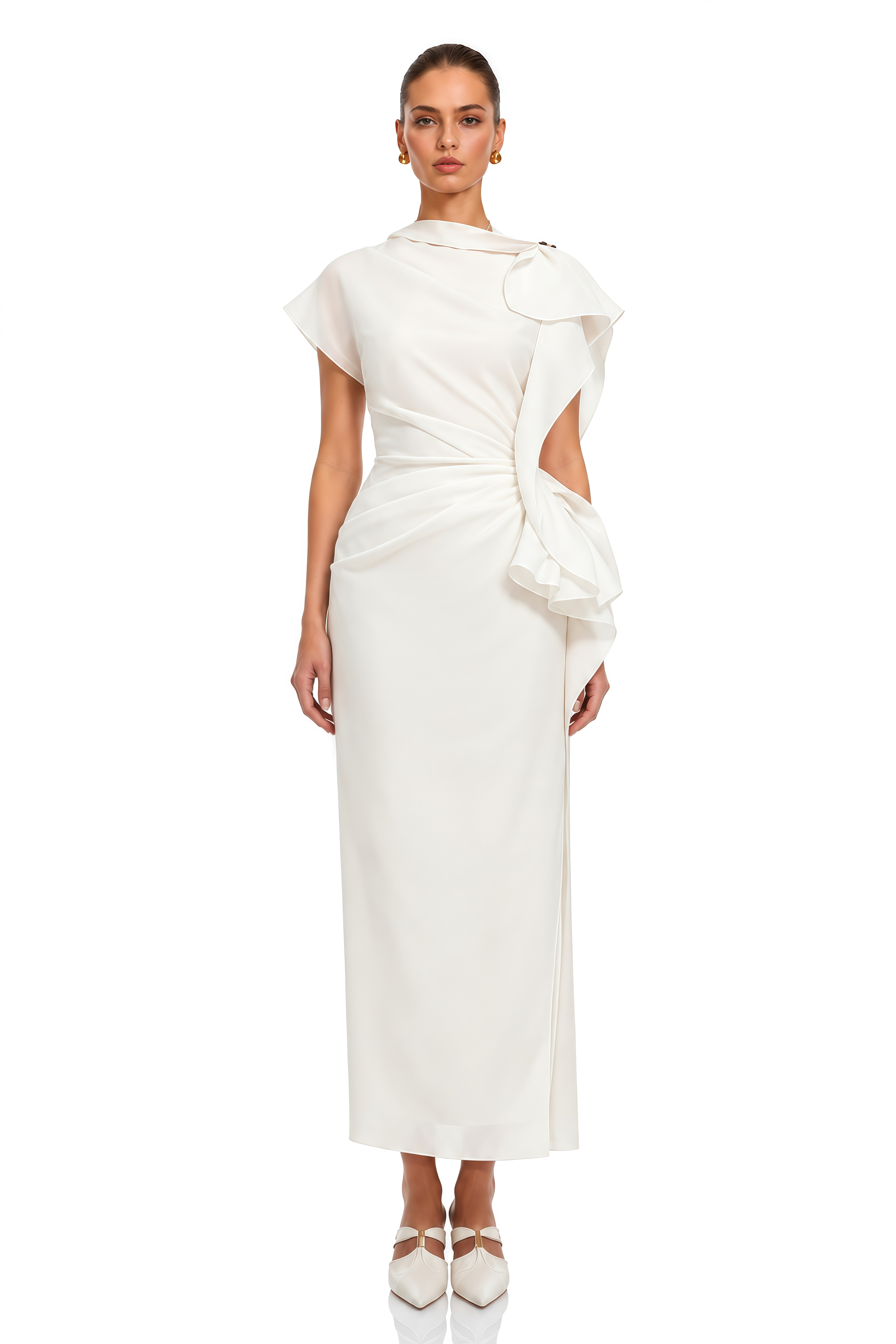 Zarina White Asymmetrical Ruffle Draped Maxi Dress