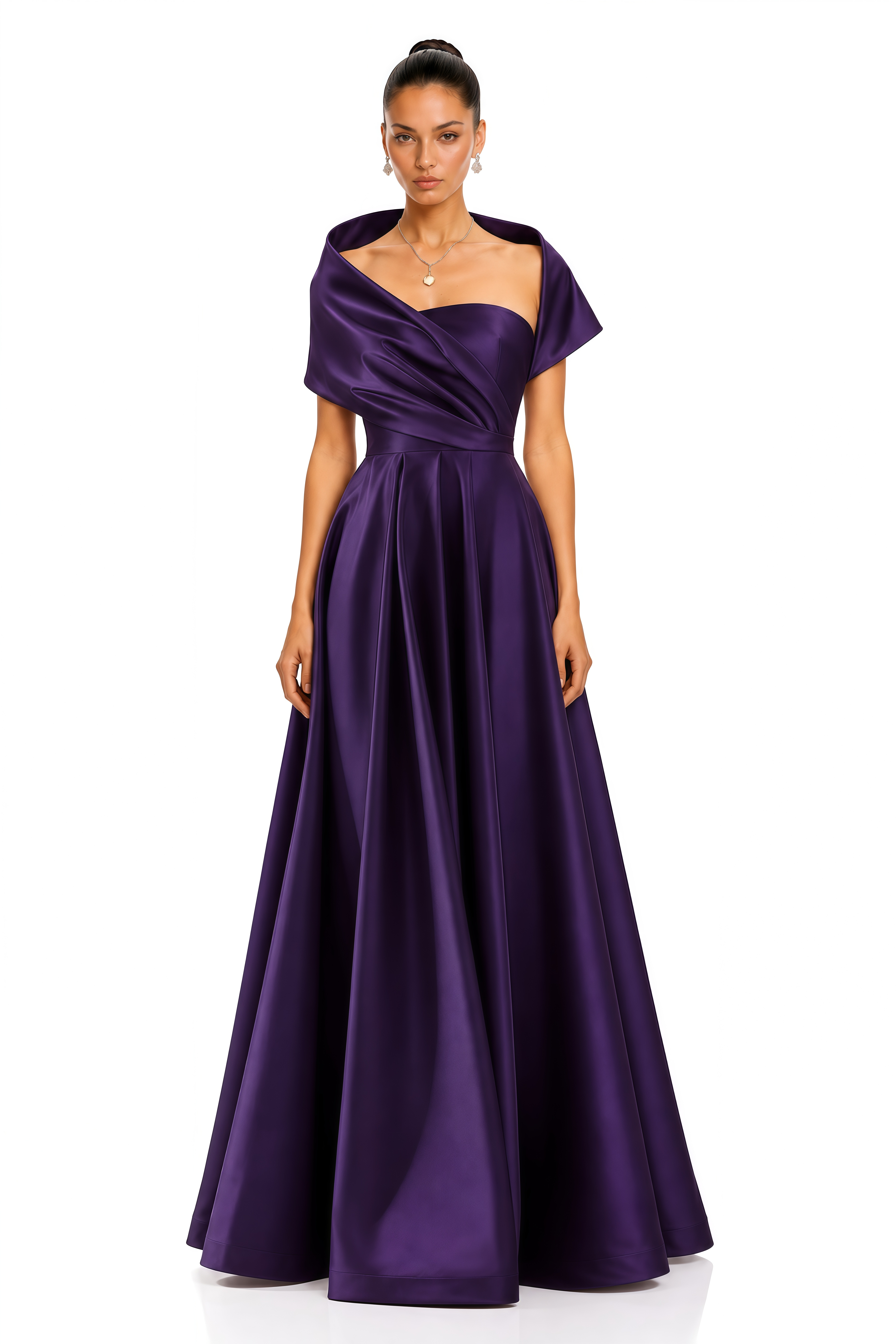 Zarish Deep Purple Asymmetrical Draped Satin Maxi Gown