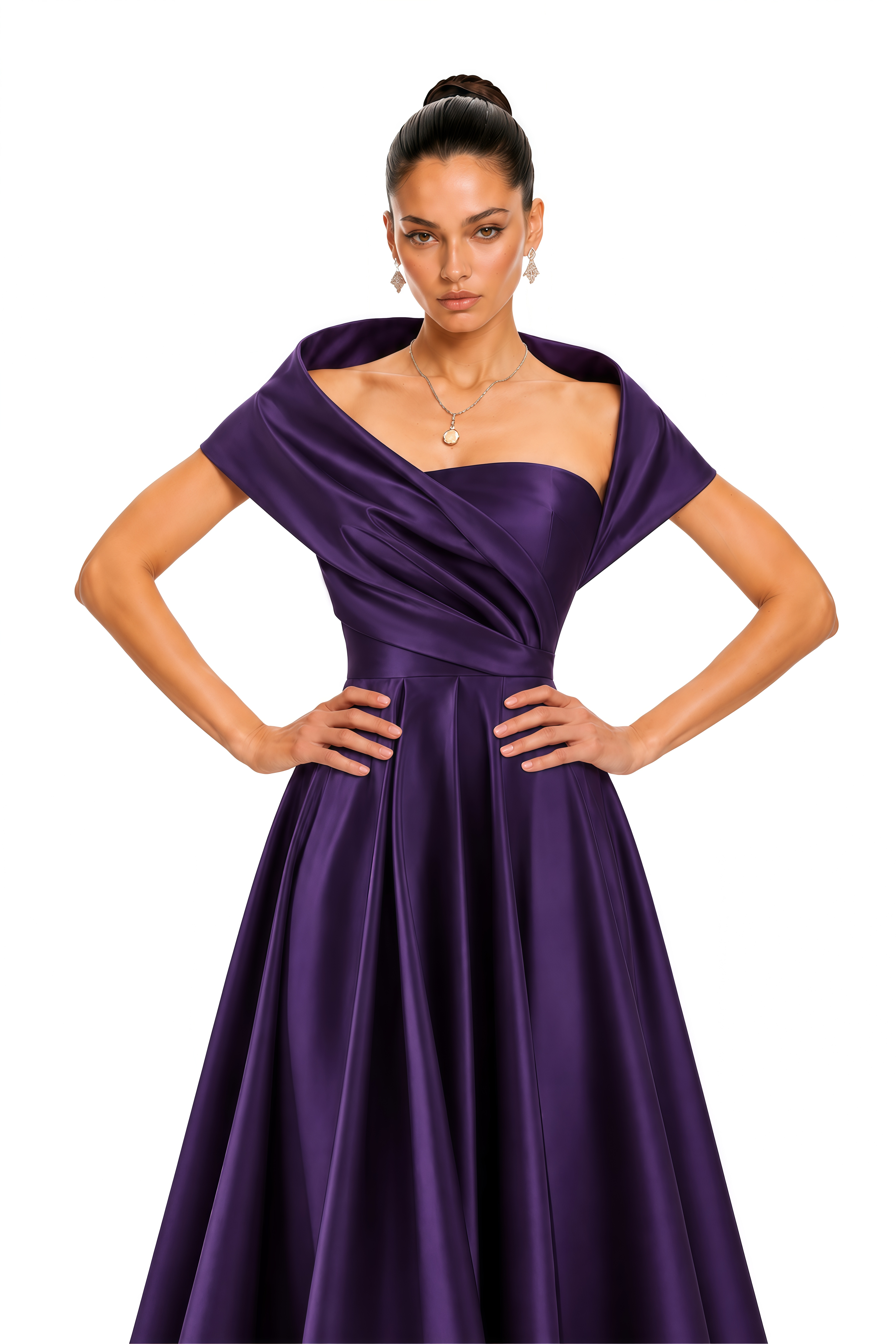Zarish Deep Purple Asymmetrical Draped Satin Maxi Gown