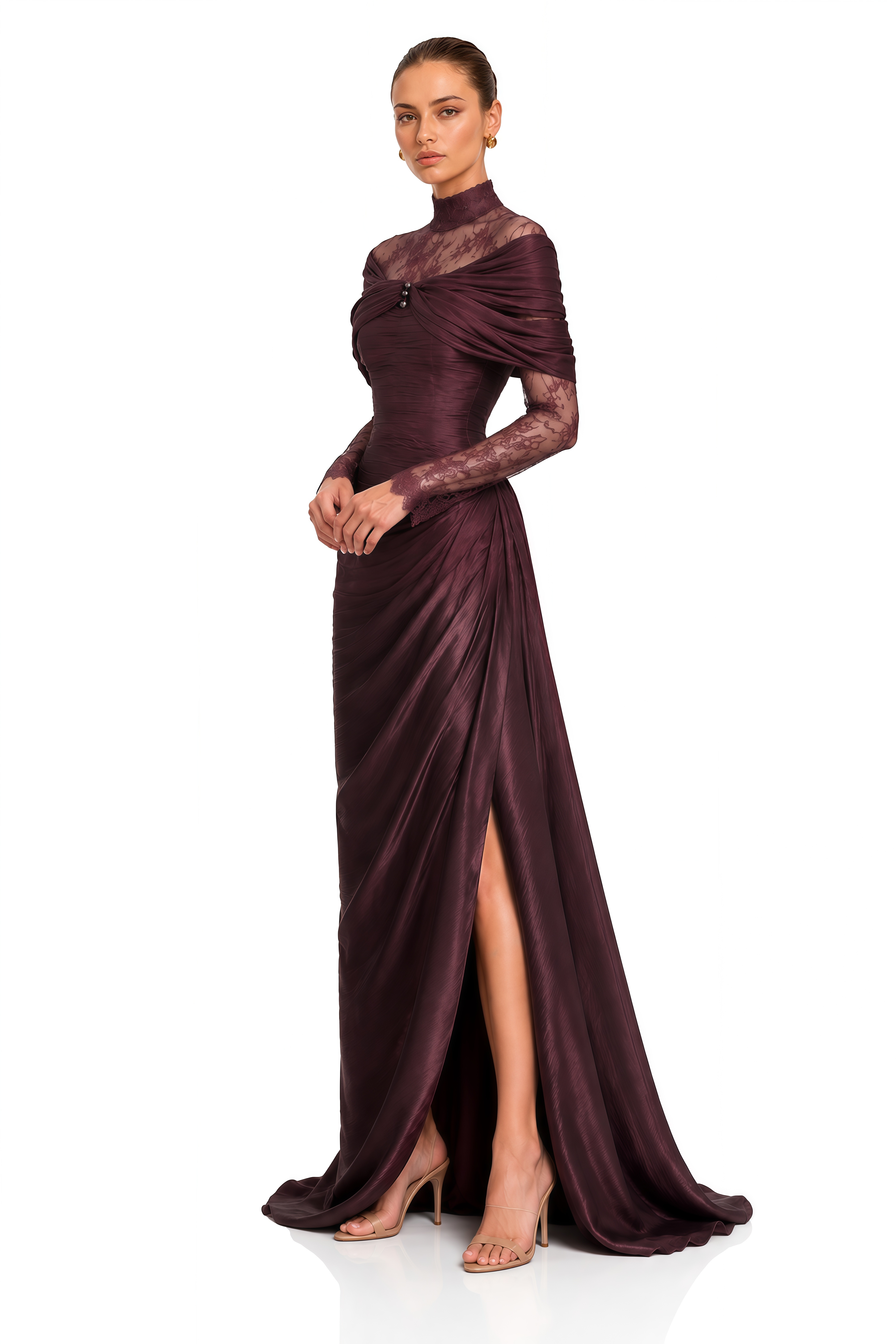 Zulaikha Burgundy Lace Off Shoulder Ruched Maxi Dress