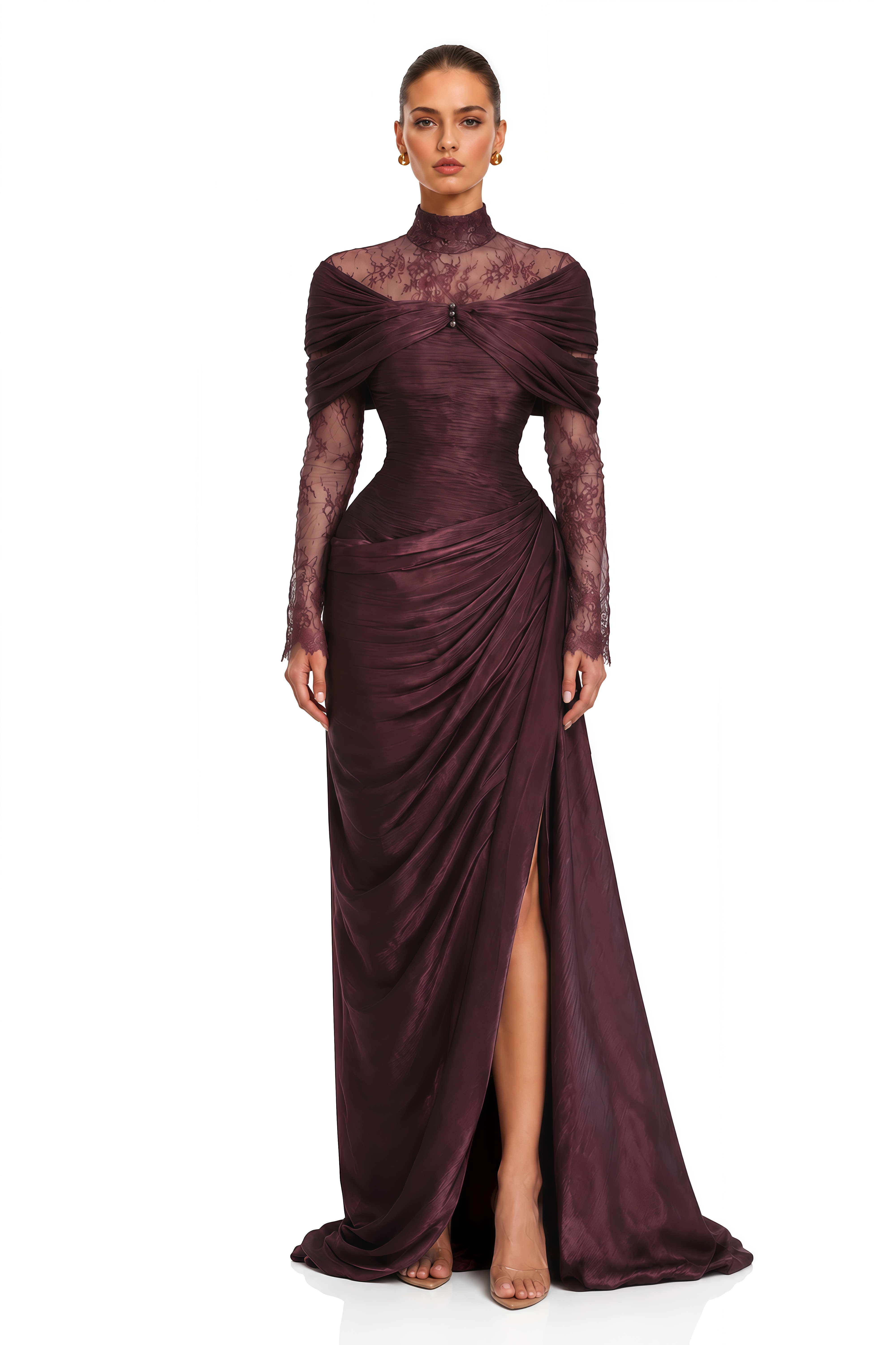 Zulaikha Burgundy Lace Off Shoulder Ruched Maxi Dress