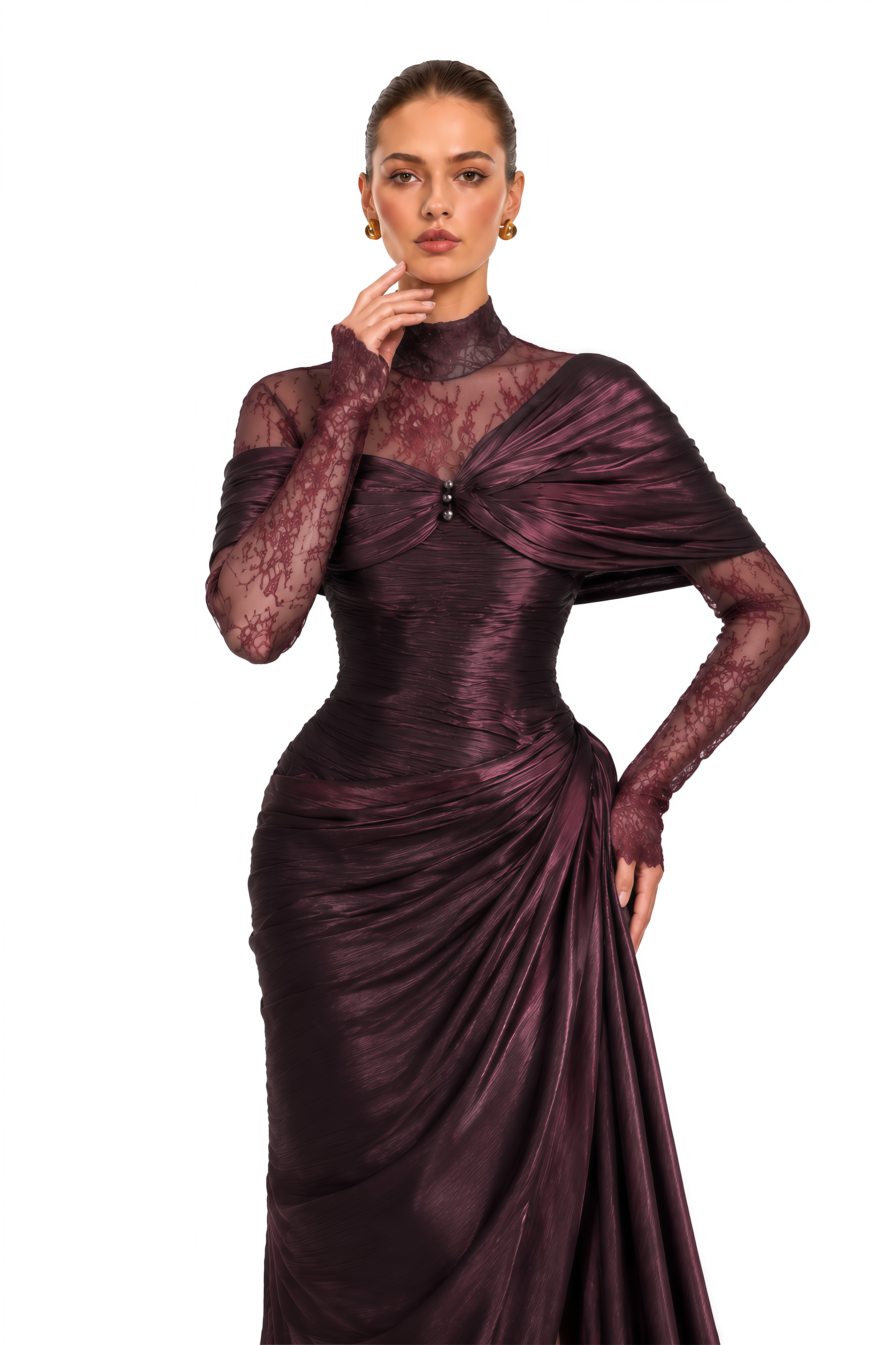 Zulaikha Burgundy Lace Off Shoulder Ruched Maxi Dress