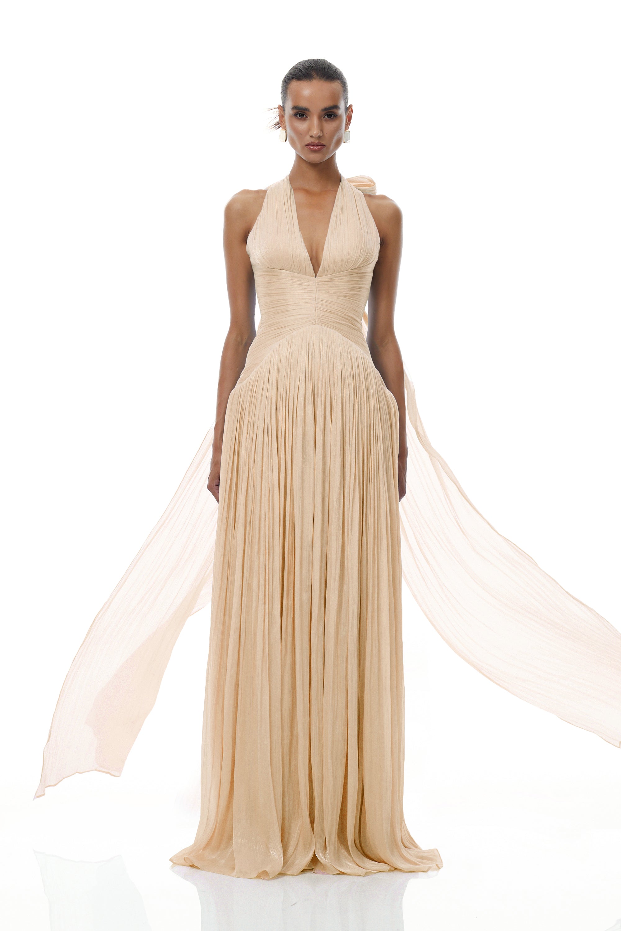 Térébenthine Neutral Glossy Gathered Maxi Dress