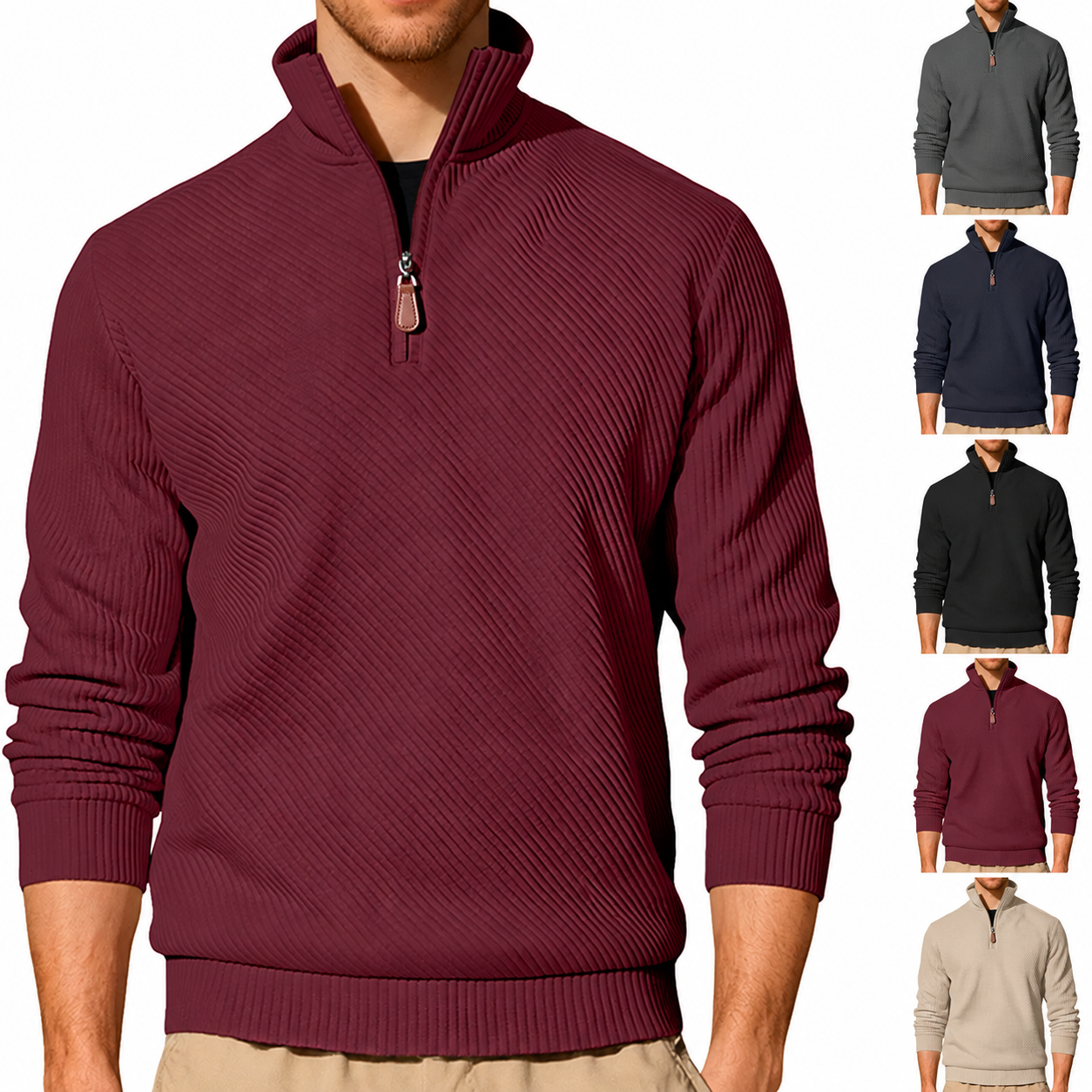 Men's Ribbed Half-Zip High-Collar Top; supplier advertising cleaned with AI assistance.