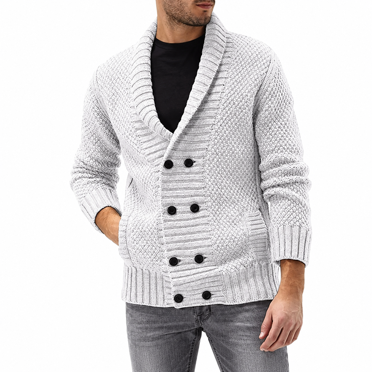 Men's Shawl-Collar Double-Breasted Knit Cardigan; supplier advertising cleaned with AI assistance.