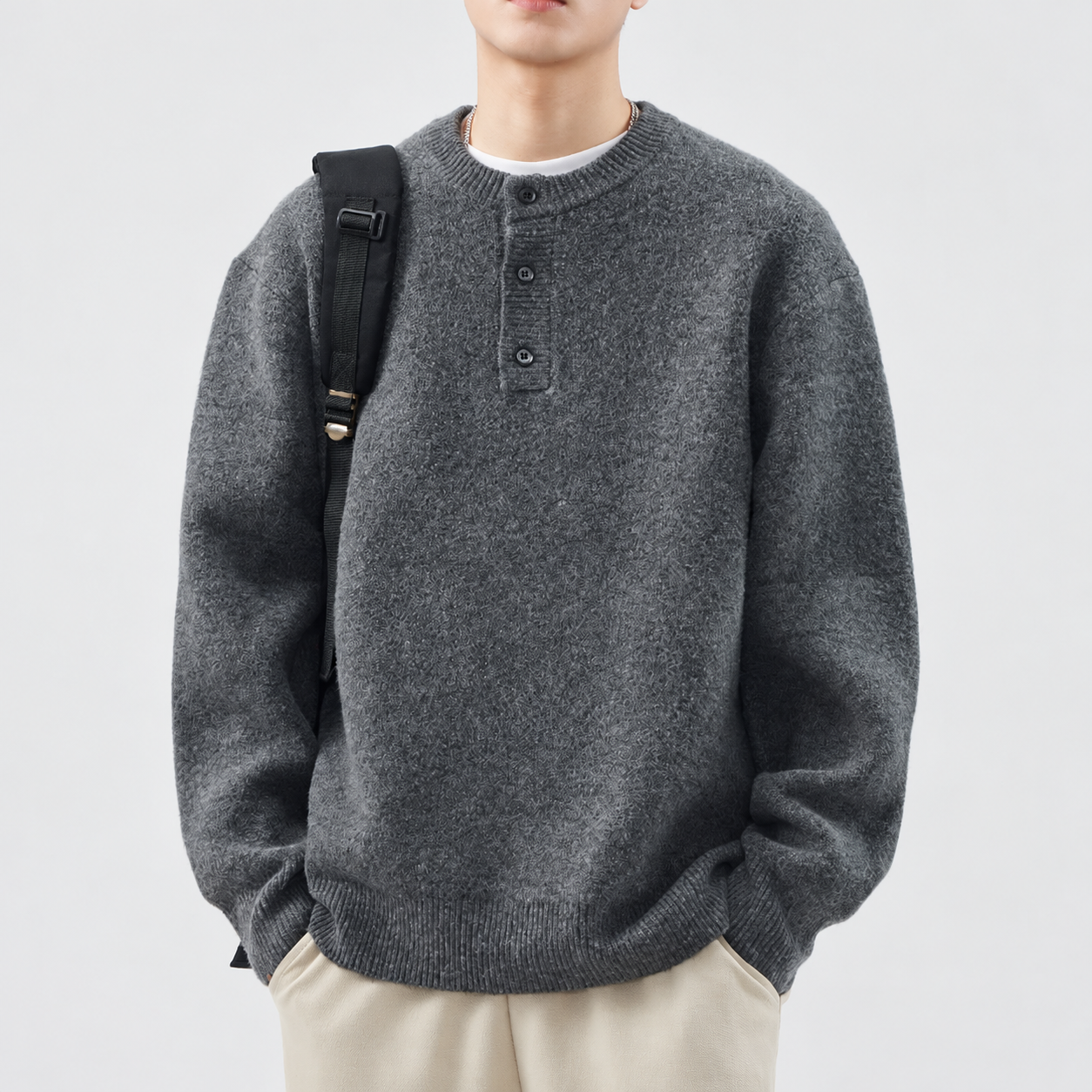 Men's Button-Placket Henley Knit Sweater; supplier advertising cleaned with AI assistance.