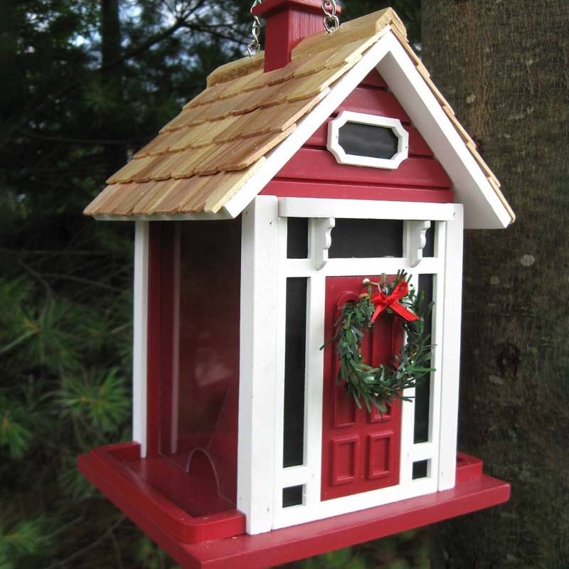 Red Christmas Cottage Hanging Bird Feeder with Brass Chain