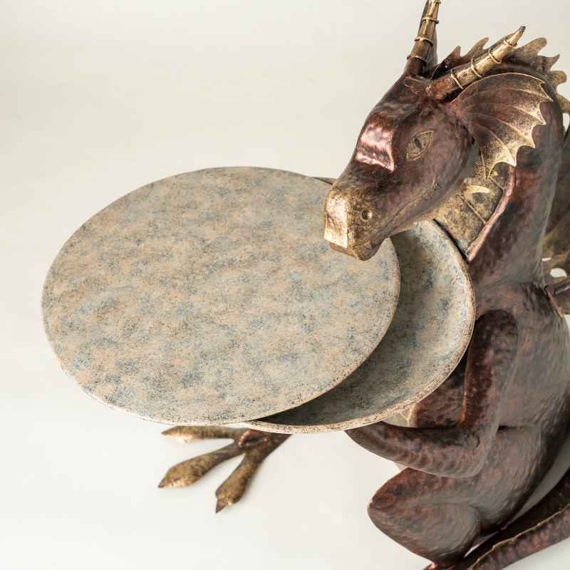 Recycled Metal Dragon Birdbath Side Table