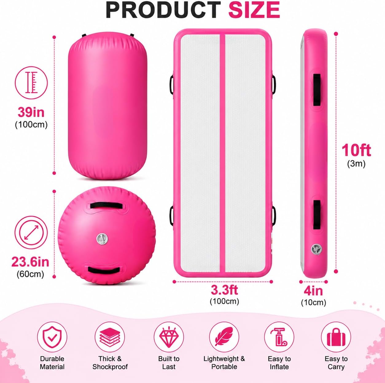 Inflatable Gymnastics Mat & Air Roller Barrel Set, All-in-One Gymnastics Training Kit, Air Mat Tumble Track for Tumbling Back Handspring, Yoga Cheerleading for Kids Adults, Indoor Outdoor Home Gym Use-Aylmersport