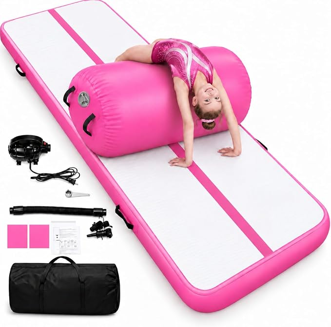 Inflatable Gymnastics Mat & Air Roller Barrel Set, All-in-One Gymnastics Training Kit, Air Mat Tumble Track for Tumbling Back Handspring, Yoga Cheerleading for Kids Adults, Indoor Outdoor Home Gym Use-Aylmersport