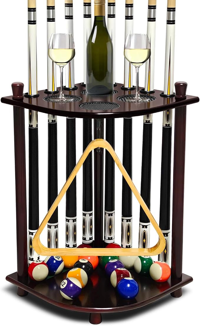 Pool Cue Rack, Solid Wood Pool Stick Holder Hold up to 8 Sticks & Billiard Accessories, Corner Billiard Cue Rack for Home Game Room Club (Burgundy)-Aylmersport
