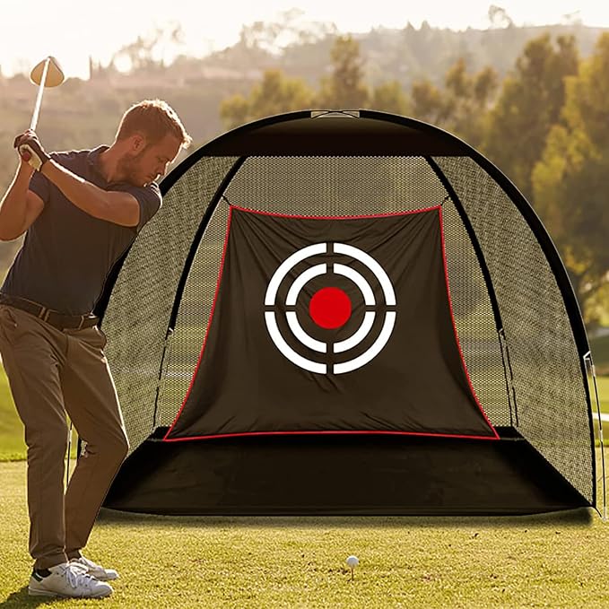 10x7ft Black Golf Practice Net with Target Cloth 3.19kg portable structure for garden, backyard and outdoor practice-Aylmersport