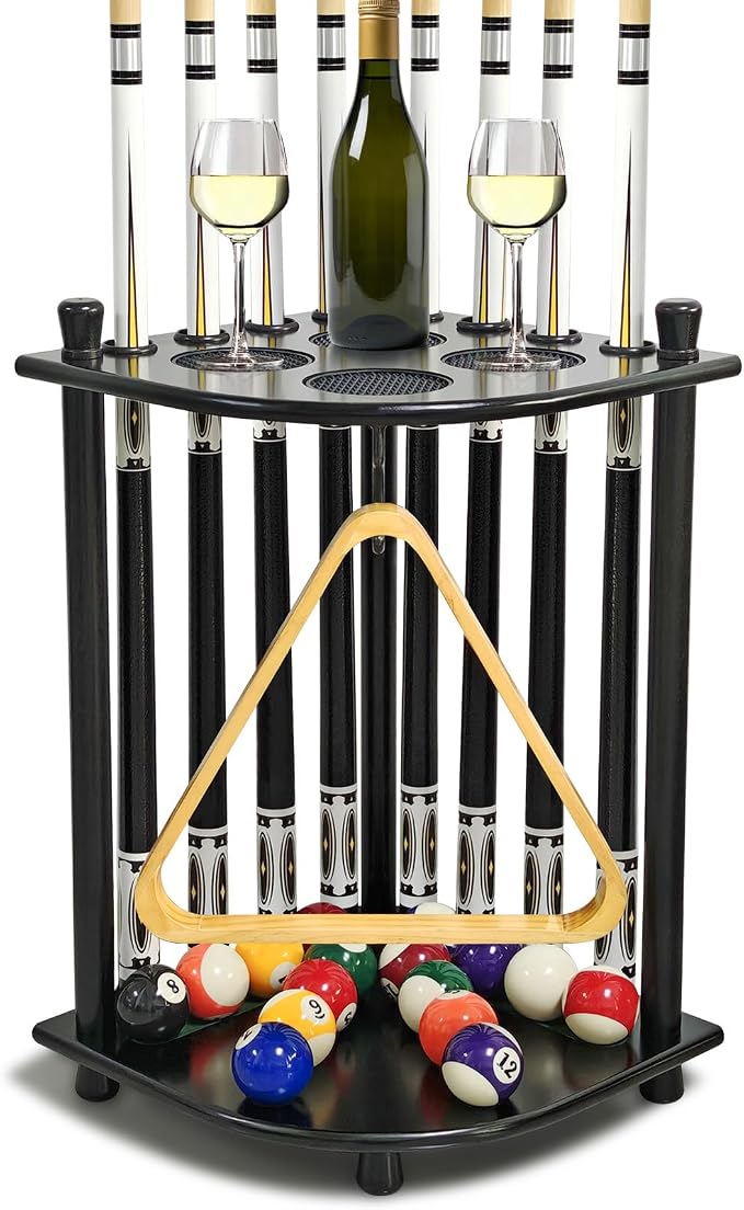 Pool Stick Holder Floor Stand, Pool Cue Rack with 16 Ball Holders Solid Wood Billiards Stick Holder 8 Cues Sticks, Pool Stick Stand Corner for Game Room, Club,Pool Table Accessories (Black)-Aylmersport