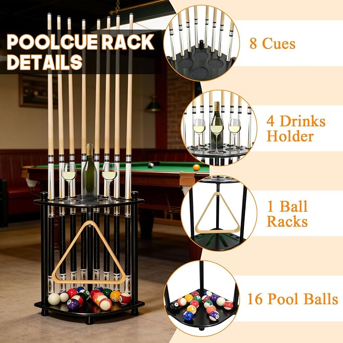 Pool Stick Holder Floor Stand, Pool Cue Rack with 16 Ball Holders Solid Wood Billiards Stick Holder 8 Cues Sticks, Pool Stick Stand Corner for Game Room, Club,Pool Table Accessories (Black)-Aylmersport