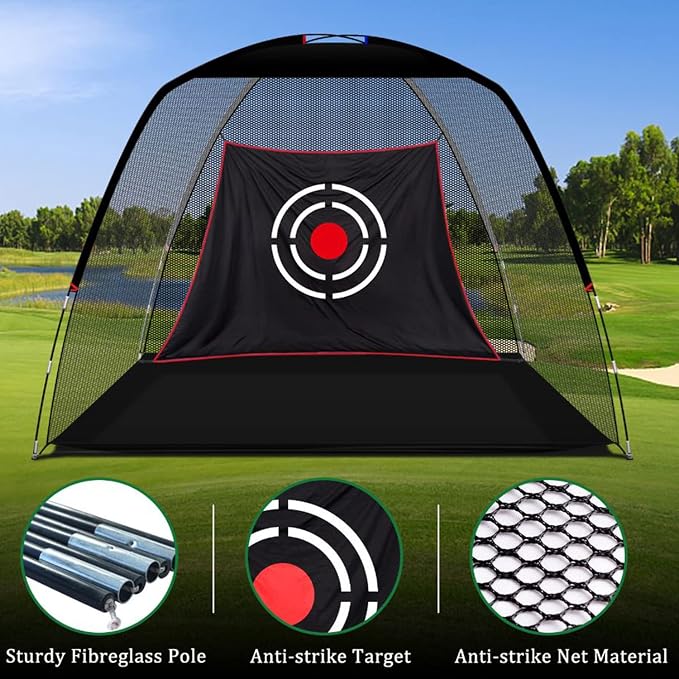 10x7ft Golf Practice Net for Garden Driving Nylon net and Oxford base with target cloth, ground stakes and carry bag for indoor or outdoor practice-Aylmersport