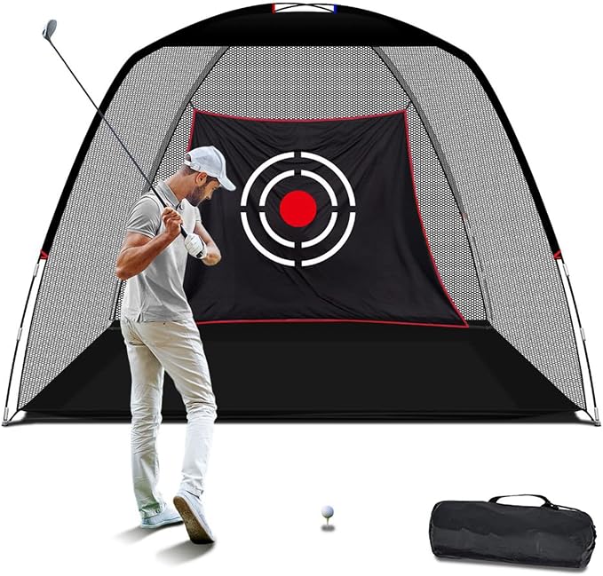 10x7ft Golf Practice Net for Garden Driving Nylon net and Oxford base with target cloth, ground stakes and carry bag for indoor or outdoor practice-Aylmersport