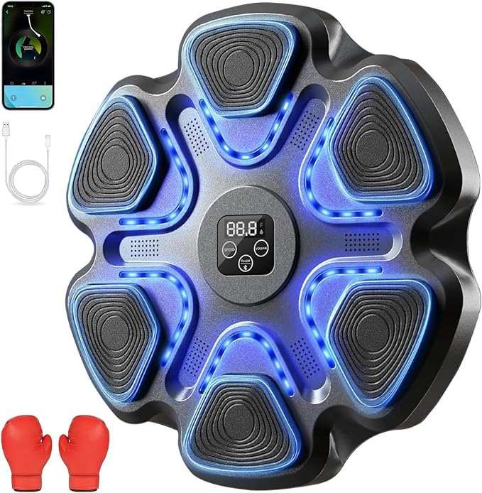 Bluetooth Music Boxing Machine for Adults Kids, LED Rhythm Lights Smart Counter 9 Speeds Interactive Wall-Mounted Punching Machine with Gloves, Rechargeable Relaxing Training Equipment for Home Gym-Aylmersport
