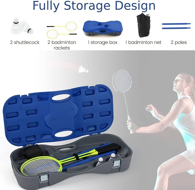 Portable Badminton Net Set, Folding Badminton Net with 2 Rackets, 2 Shuttlecocks and Carry Case, Badminton Net Outdoor Game Set for Indoor Outdoor Use (Blue)-Aylmersport