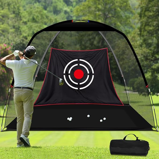 10x7ft Golf Practice Net for Garden Driving Nylon net and Oxford base with target cloth, ground stakes and carry bag for indoor or outdoor practice-Aylmersport