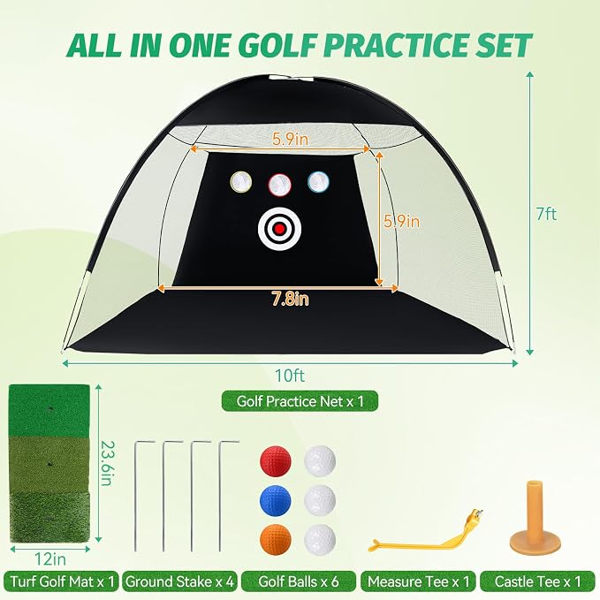 Golf Practice Net for Garden with 6 Balls Swing Correction Trainer Carry Bag Chipping Turf Mat for Backyard Driving Indoor Outdoor Use, 10x7ft-Aylmersport