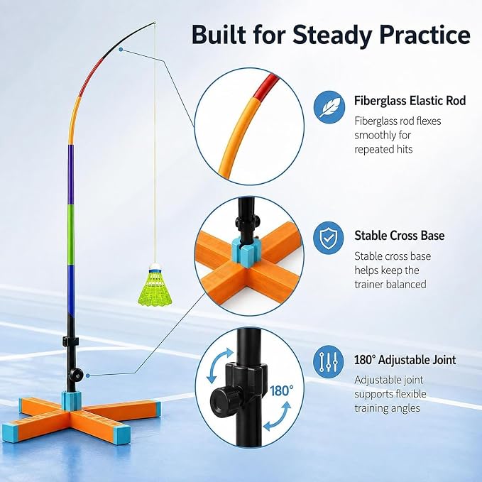 Automatic Rebound Badminton Trainer with 3 Shuttlecocks Portable Foldable Badminton Trainer, Automatic Rebound, Solo Practice Kit, for Indoor Outdoor Home Backyard-Aylmersport