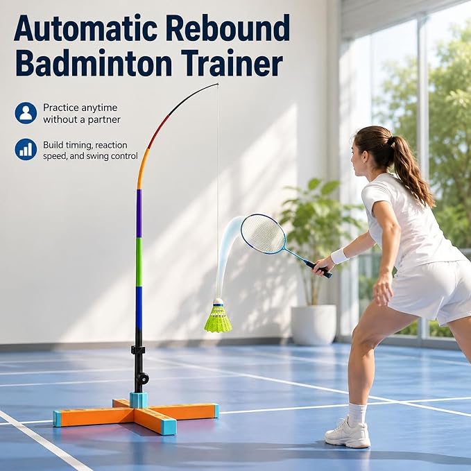 Automatic Rebound Badminton Trainer with 3 Shuttlecocks Portable Foldable Badminton Trainer, Automatic Rebound, Solo Practice Kit, for Indoor Outdoor Home Backyard-Aylmersport