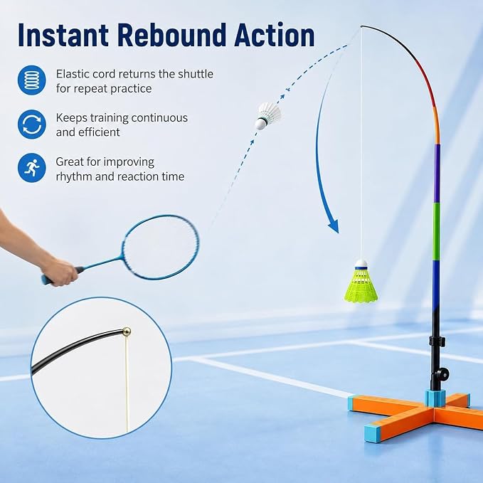Automatic Rebound Badminton Trainer with 3 Shuttlecocks Portable Foldable Badminton Trainer, Automatic Rebound, Solo Practice Kit, for Indoor Outdoor Home Backyard-Aylmersport
